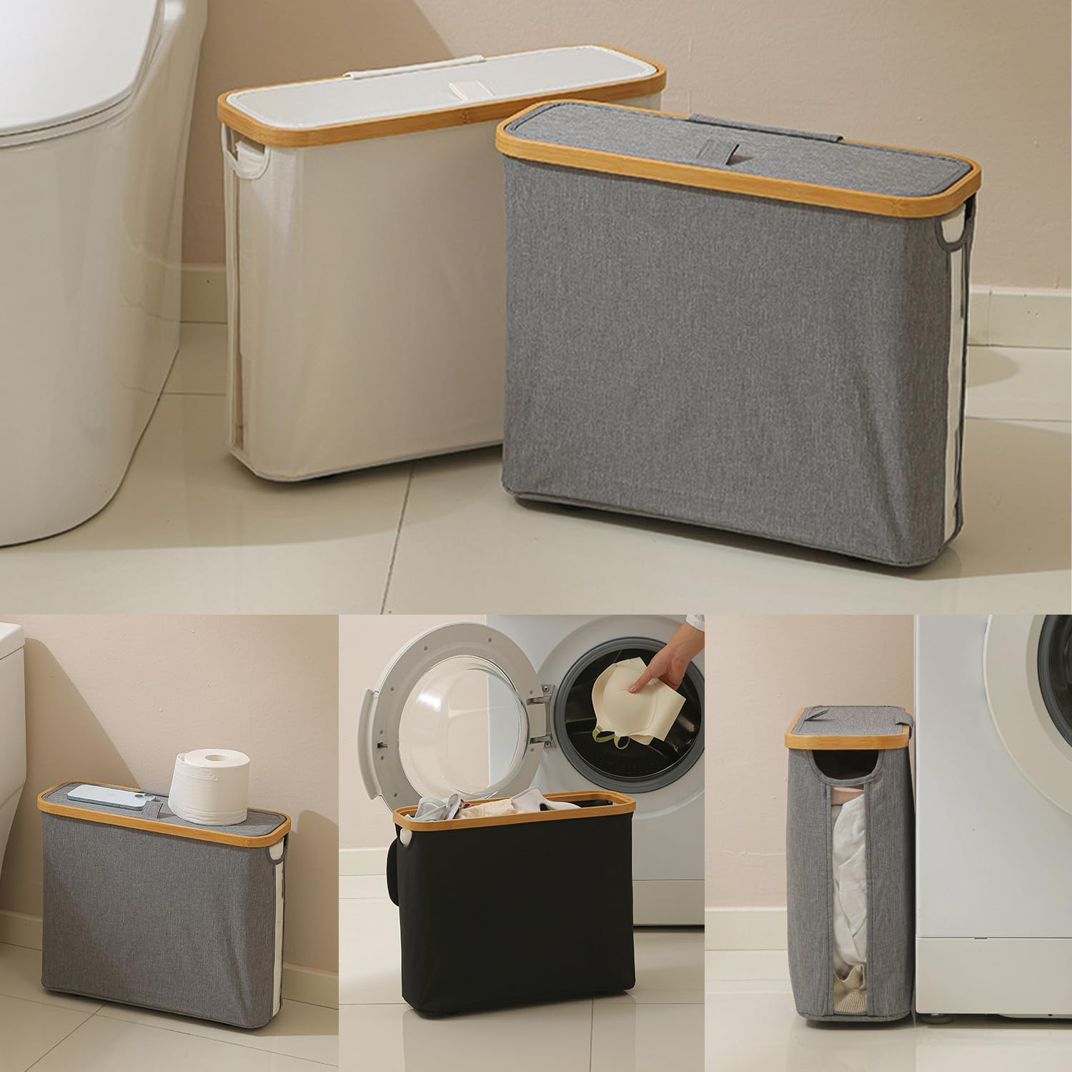 Toilet Paper Storage Basket, Toilet Paper Storage with Lid, Toilet Paper Organizer for Bathroom, Free Standing Toilet Paper Holder, Toilets Holder for up to 12 Rolls, for Bathroom (White) - Grey With Cloth Cover image number 7