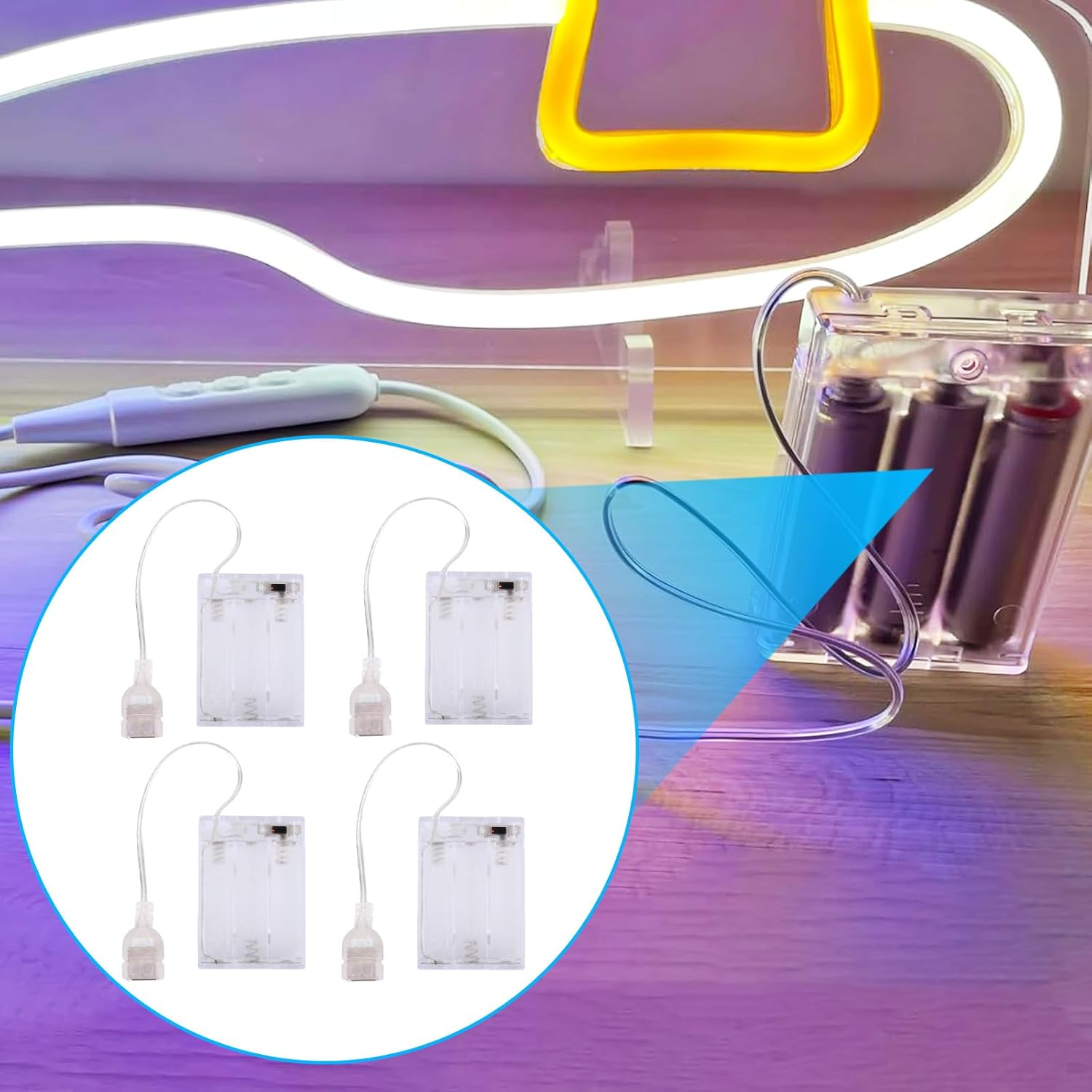 BTFO 4Pcs Battery Pack for 5V LED Neon Signs, Transparent USB Neon Light Battery Box Converts USB Lights to Battery-Operated