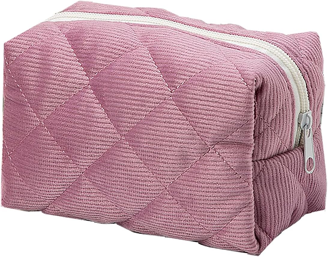 Small Makeup Bag for Purse Corduroy Makeup Bag Travel Makeup Pouch Mini Cosmetic Bag for Women Pink