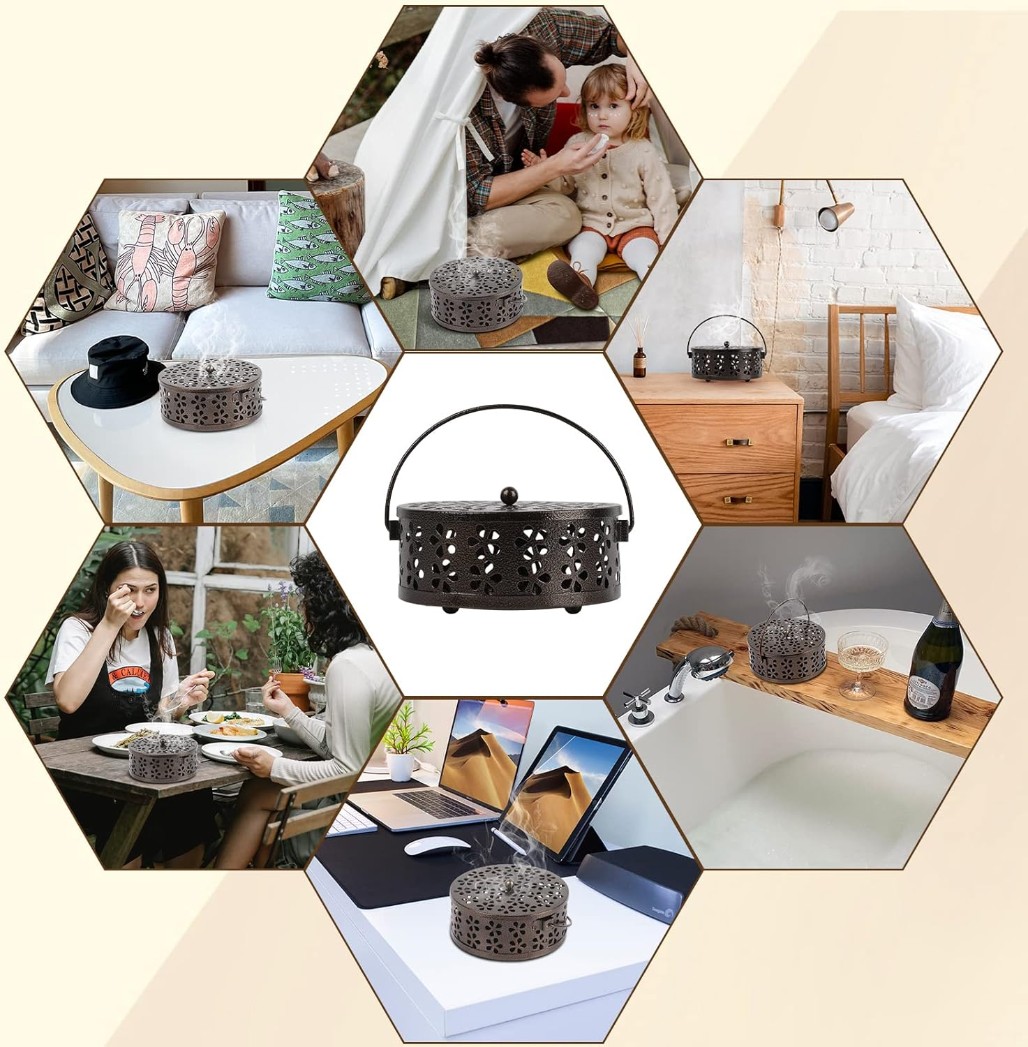 Retyion Retro Portable Iron Mosquito Coil Holder with Handle round Fireproof Incense Holder for Home Office Camping (Bronze)