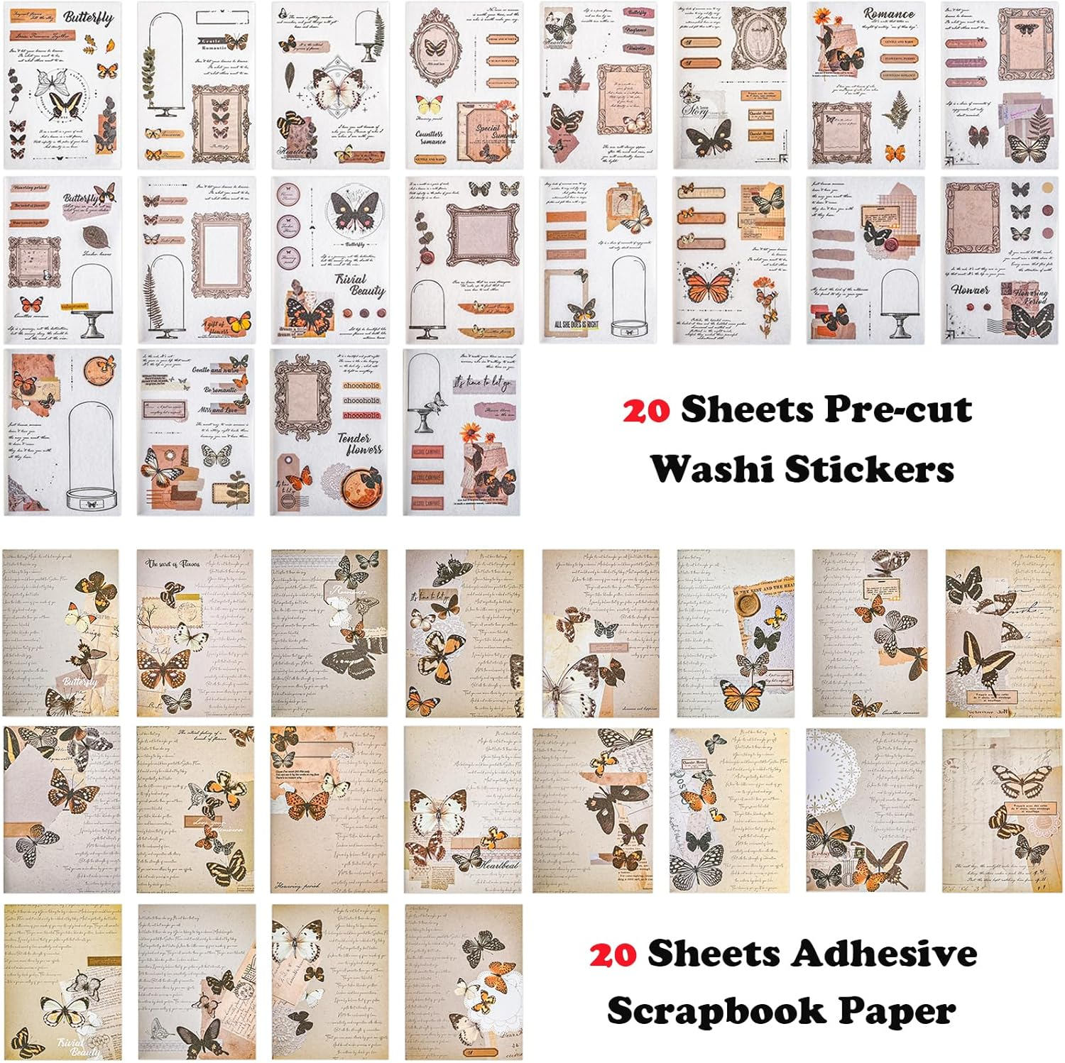 Sticker Book for Adults, 180Pcs Vintage Washi Stickers for Journaling and 20 Sheets Adhesive Scrapbook Papers for Scrapbooking Aesthetic Butterfly Scrapboook Stickers for Bullet Junk Journal Supplies - Coffee Weekly image number 5