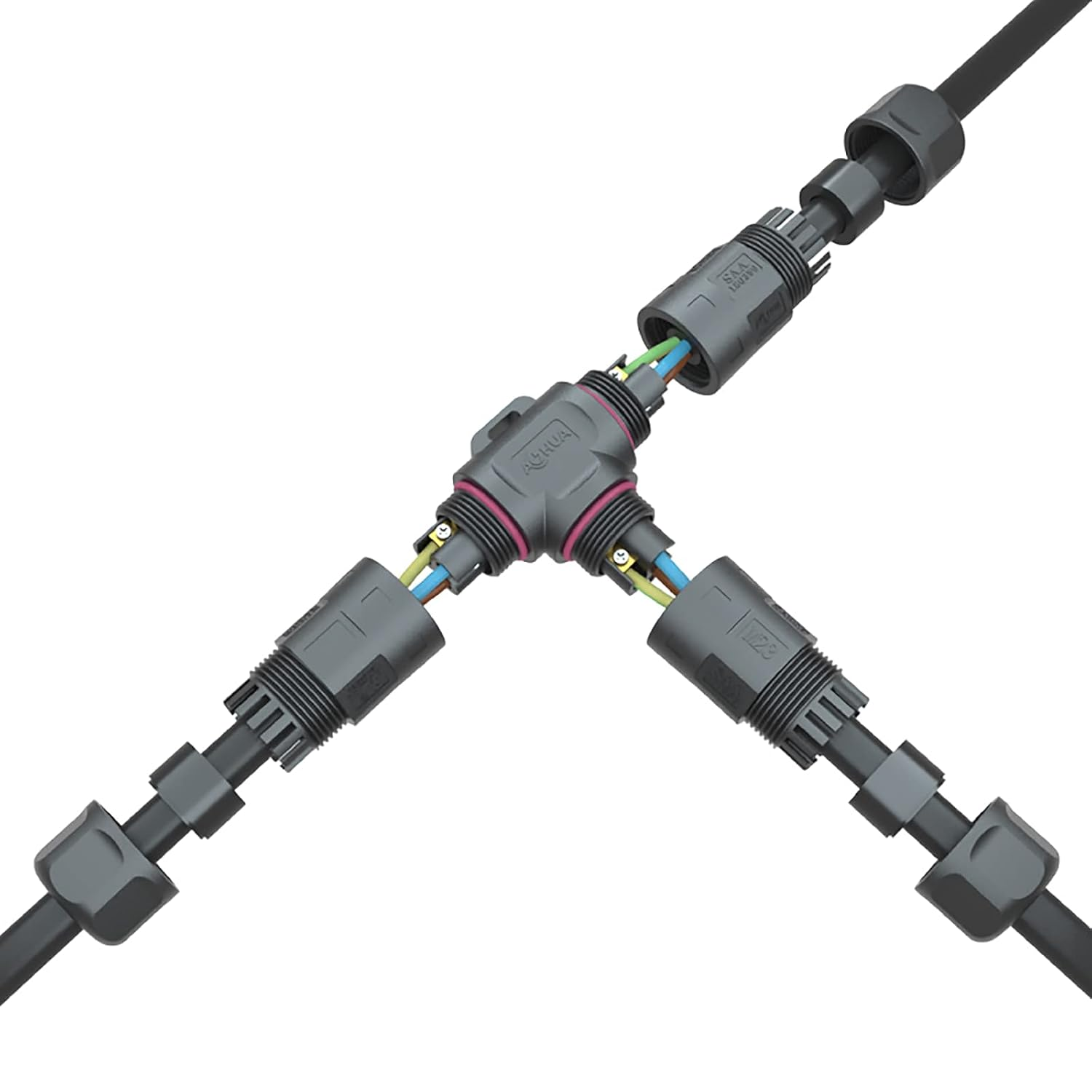 AOHUA 3 Way Junction Box, M23 3-Pin Connector, 500V/35A, IP68 T Shape Waterproof Electrical Wire Connector for &Oslash;10-15Mm Cable, Ul/Saa/Ce/Rohs Certified (1-Pack)(Ah-M23-3503T01122)