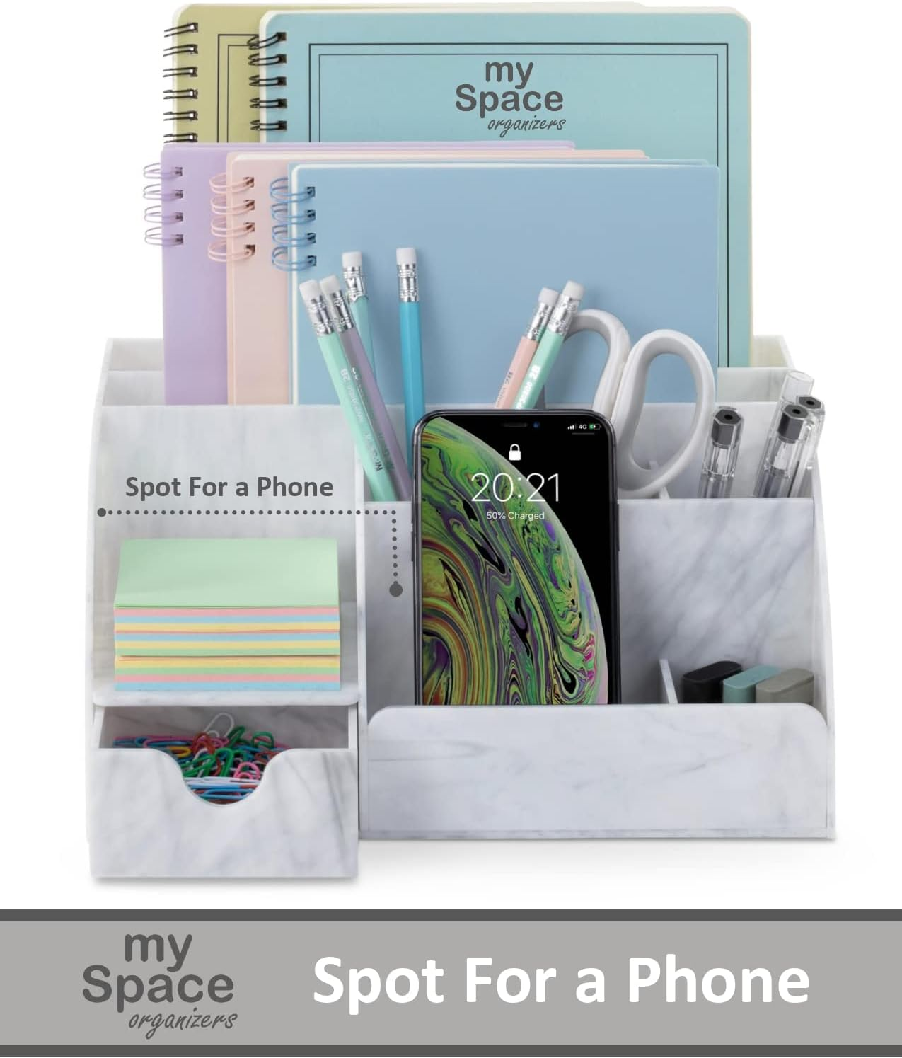 Acrylic Office Desk Organizer with Drawer, Marble 9 Compartments, All in One Office Supplies and Cool Desk Accessories Organizer, Enhance Your Office Decor Desktop Organizer (White Grey Marble) - Gray image number 3