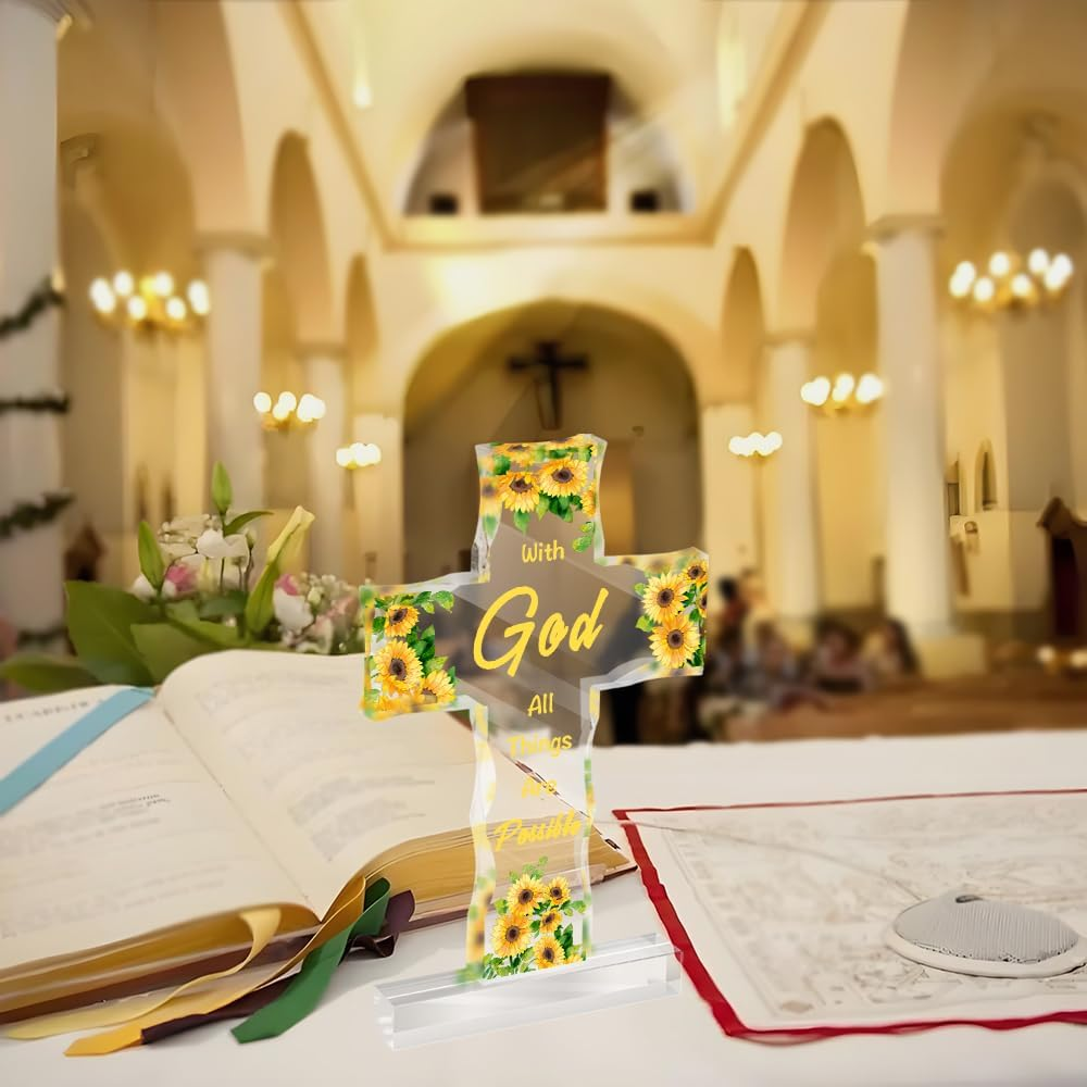 Christian Gifts for Women Acrylic Cross Decoration Sunflower Gifts for Women Christian Gifts for Men Inspirational Religious Gifts Baptism Gifts for Girls Religious Gifts with Bible Verse image number 1