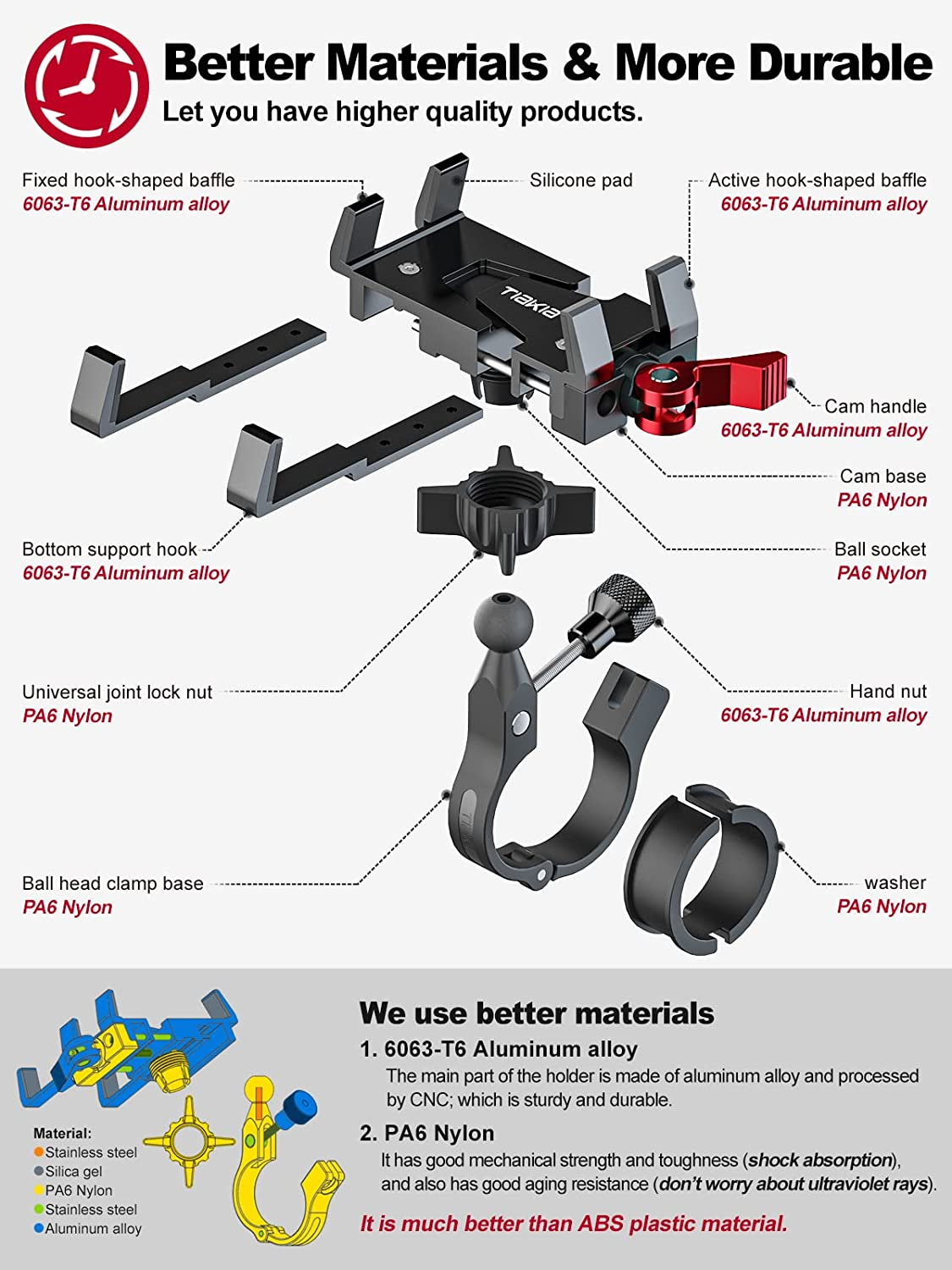 Tiakia Bike Phone Holder, Motorcycle Phone Mount, Bicycle 360&deg; Rotation Aluminum Golf Buggy Handlebar Clamp Holder for Bike, Camera Friendly One Hand Operation Cell Phone Holder for 4.5-7 Inch Phone - Black Red image number 5