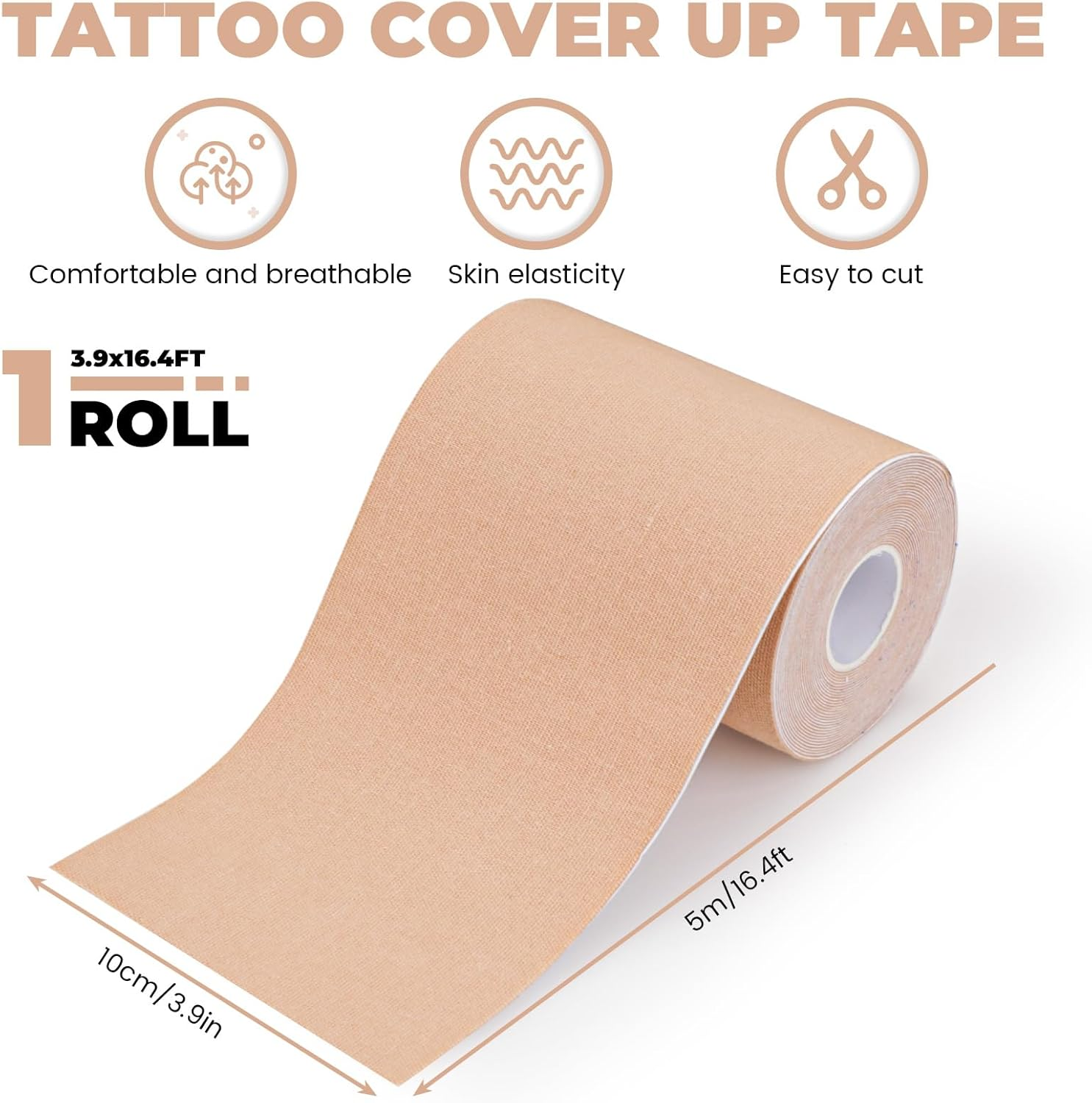 Sekonow Tattoo Cover up Tape, 3.9In X 16.4Ft, Breathable Tattoo Cover up Patch, Ultra Thin Elastic Cuttable Sticker, Ideal for Covering Big Tattoos Scar, Beige image number 5