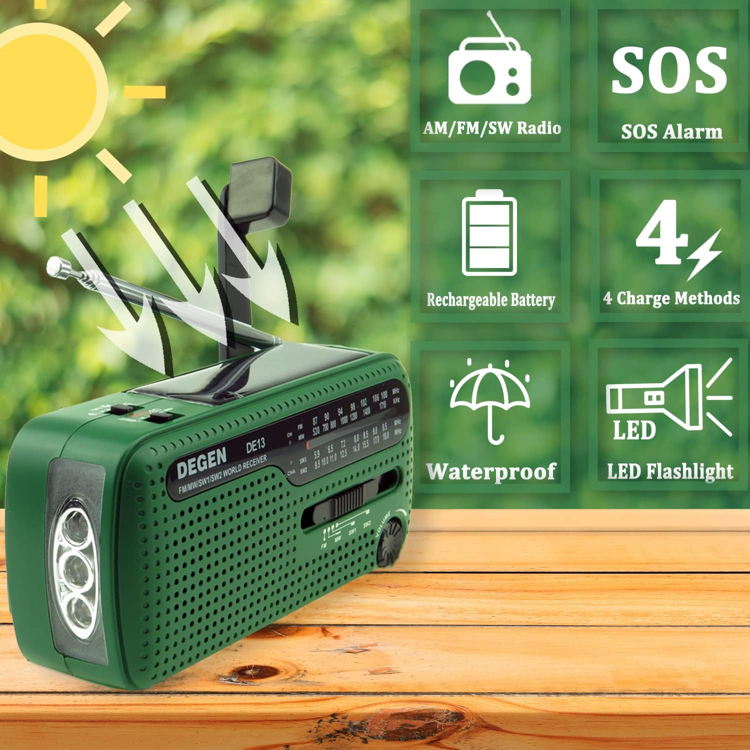 Portable Radio Degen DE13 Solar Crank Radio FM AM SW Emergency Weather Radio Flashlight SOS Alarm Battery Cell Phone for Emergency and Outdoor Use image number 2
