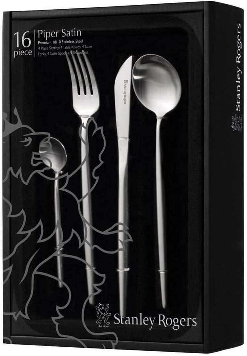 Stanley Rogers Piper Satin 16 Piece Cutlery Set &ndash; 18/10 Stainless Steel Flatware with Slim Satin-Brushed Handles, Modern Designer Style, Casual Place Setting for Four, Gift Boxed image number 3