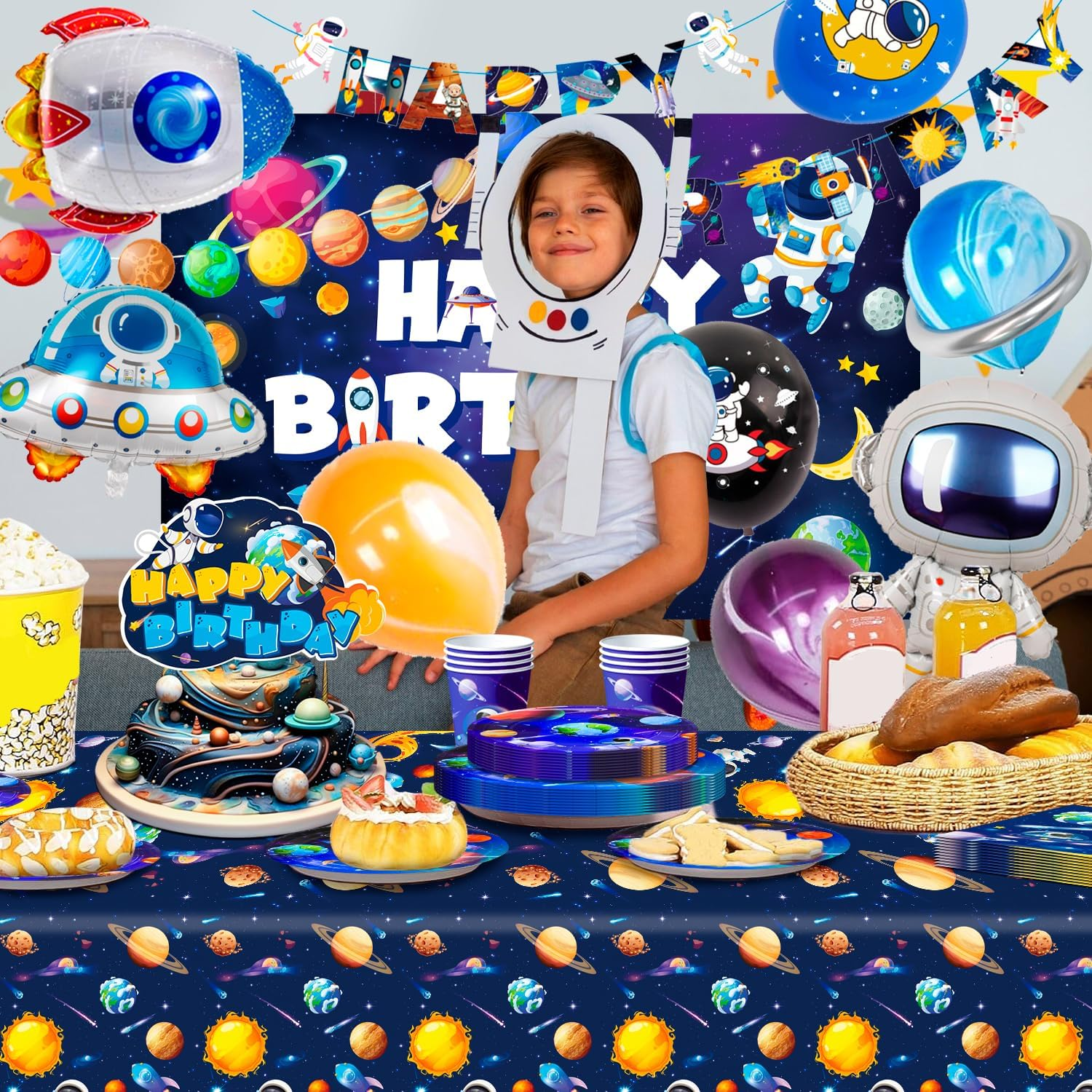 Space Birthday Party Decorations Serves 10, Space Birthday Decorations&Outer Space Birthday Tableware Set- Outer Space Birthday Party Plates Tablecloth Backdrop Balloon Etc Themed Party Decorations image number 1