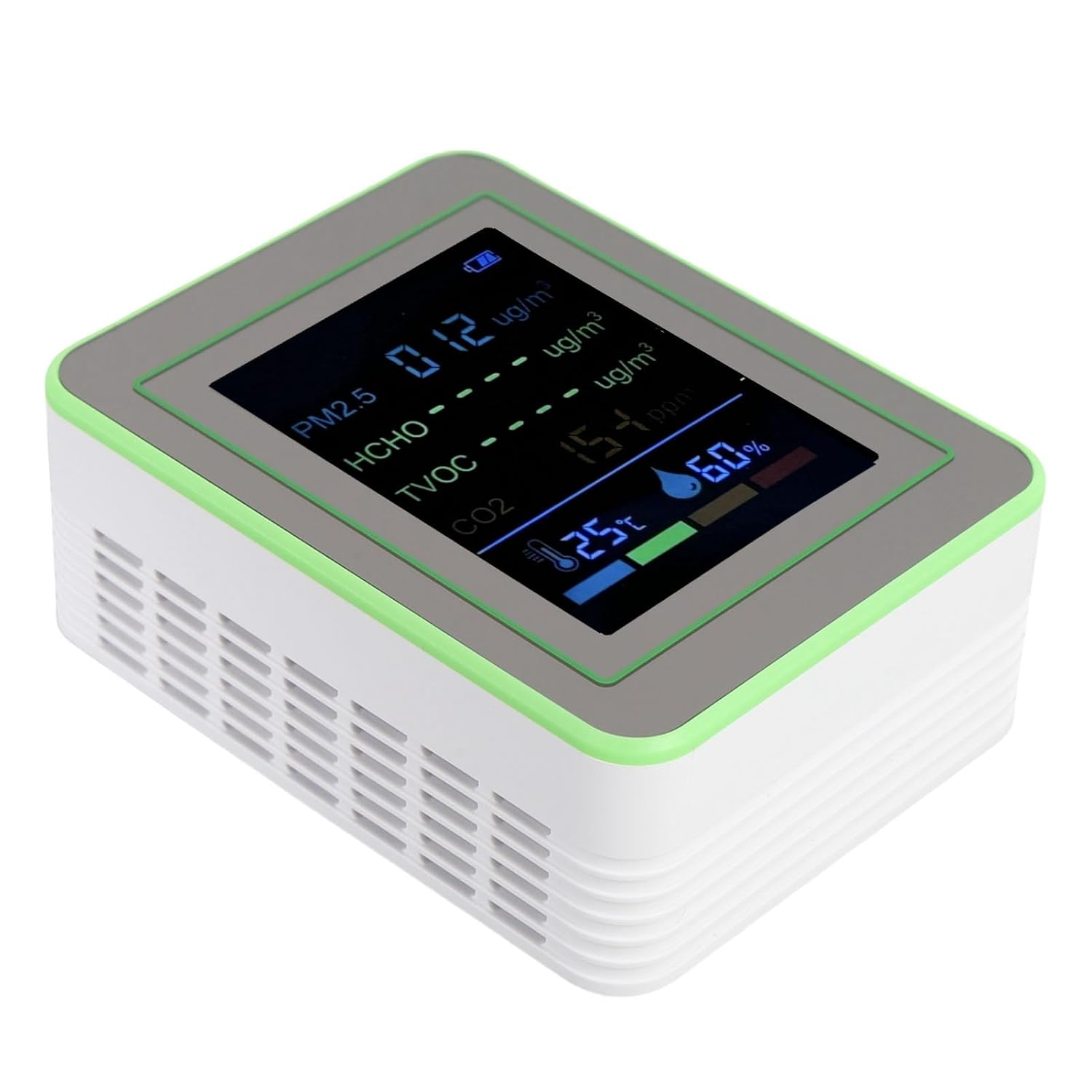 Jectse Smart Air Quality Meter Compact 6 in 1 CO2 PM2.5 HCHO TVOC Temp Humid Tester for Real-Time Detection (White and Green) - White And Green image number 2