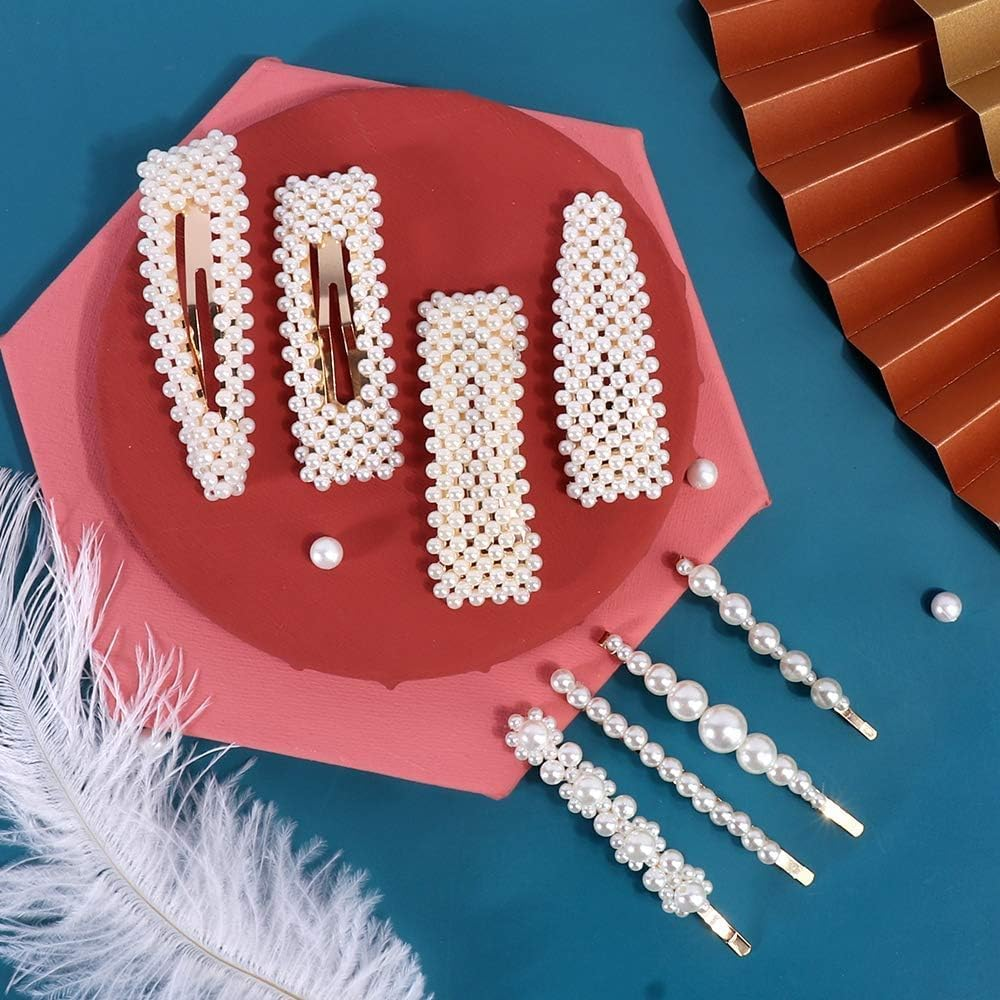 28 PCS Pearls and Acrylic Resin Hair Clips, Handmade Hair Barrettes, Marble Alligator Bobby Pins, Glitter Crystal Geometric Hairpin, Elega Nt Gold Hair Accessories image number 4