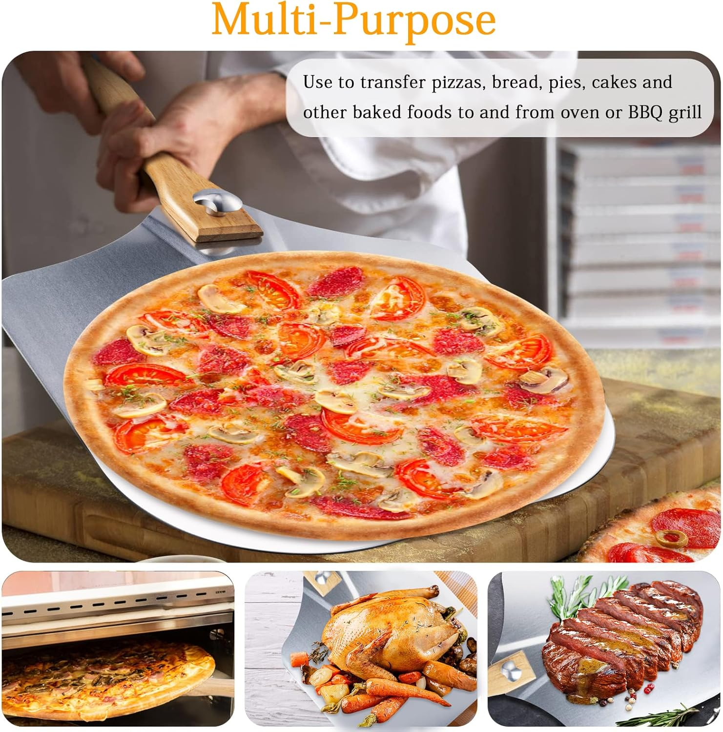 Ninonly Aluminum Pizza Peel 30.5X35.5Cm Pizza Paddle with Foldable Wood Handle, Metal Pizza Spatula with Rocker Cutter for Easy Storage&Clean, Pizza Tools for Pizza Oven Baking Pizza Bread Pastry image number 4