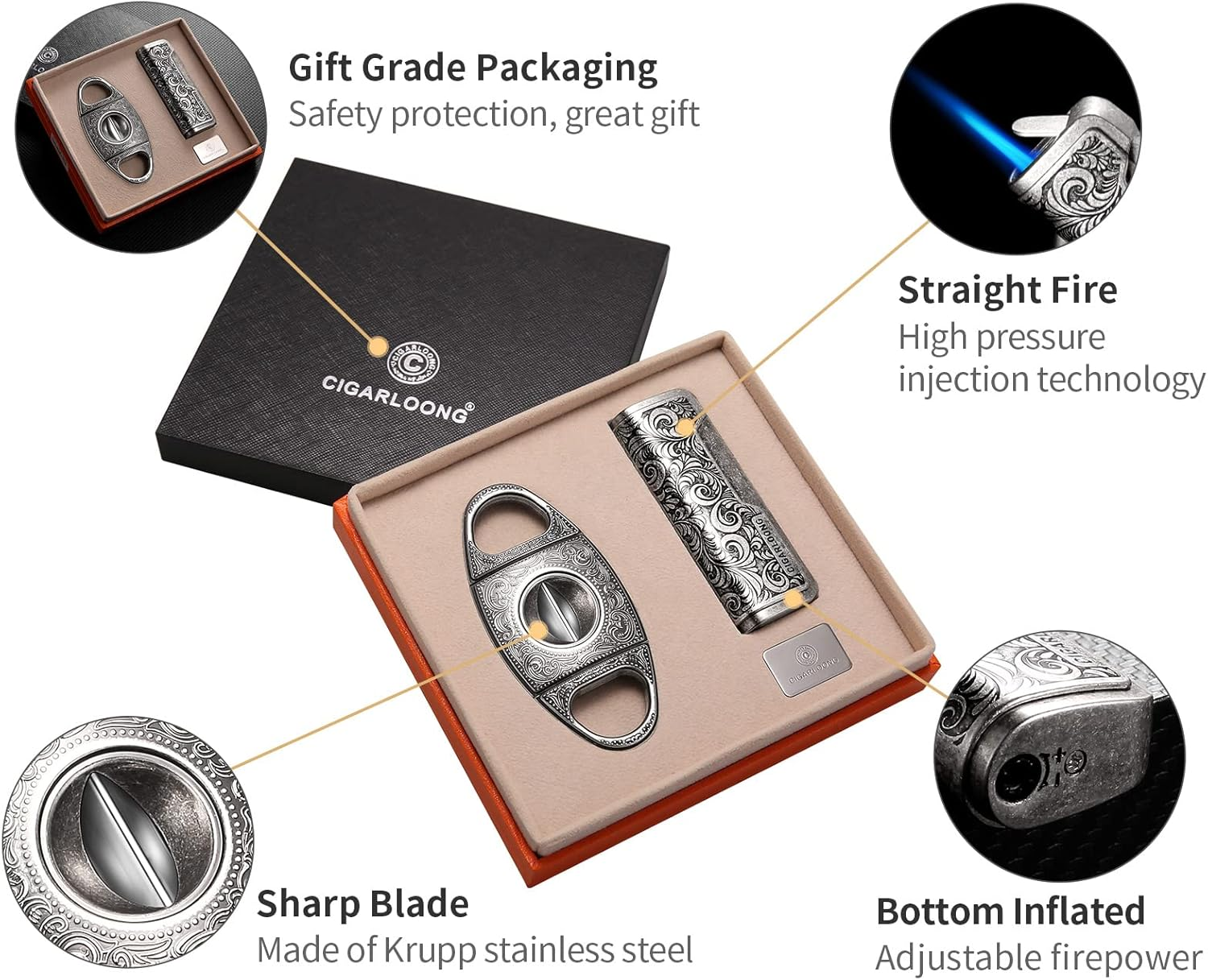 CIGARLOONG Cigar Cutter and Lighter Set Double Sharp Blade V-Cut Windfroop Torch Lighter Portable Cigar Set with Gift Box(Silver) image number 5