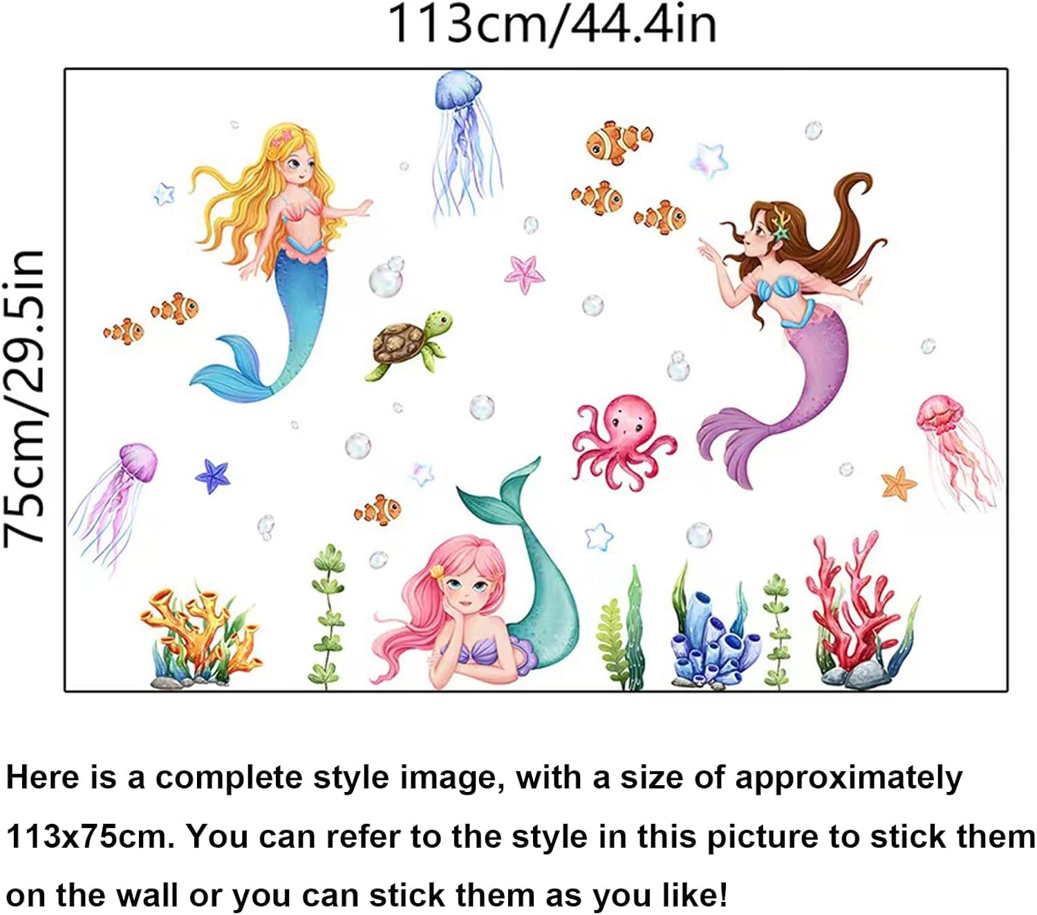Underwater Mermaid Wall Decals, Ocean Theme Wall Decals Sea Creatures Turtle Wall Stickers Bathroom Girls Bedroom Baby Nursery Wall Decor image number 6