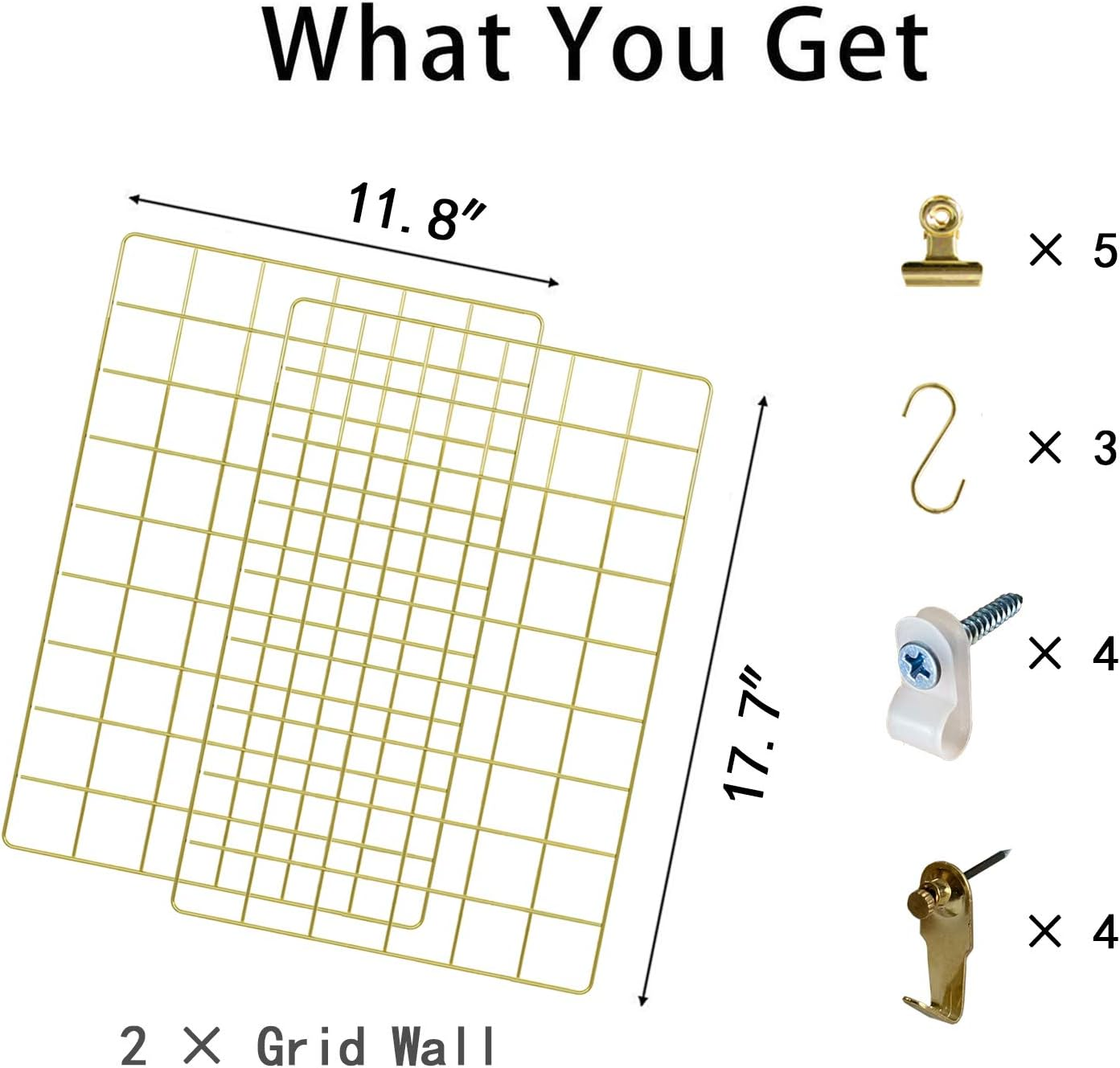 FRIADE Wall Grid Panel for Photo Display,Wall Storage Organizer,5 Metal Clips & 3 S Hooks & 4 Nails & 4 Plastic Hanging Buckles and 4 Screws Offered,Size 17.5" X 11.8",2 Pack(Gold) - Gold image number 6