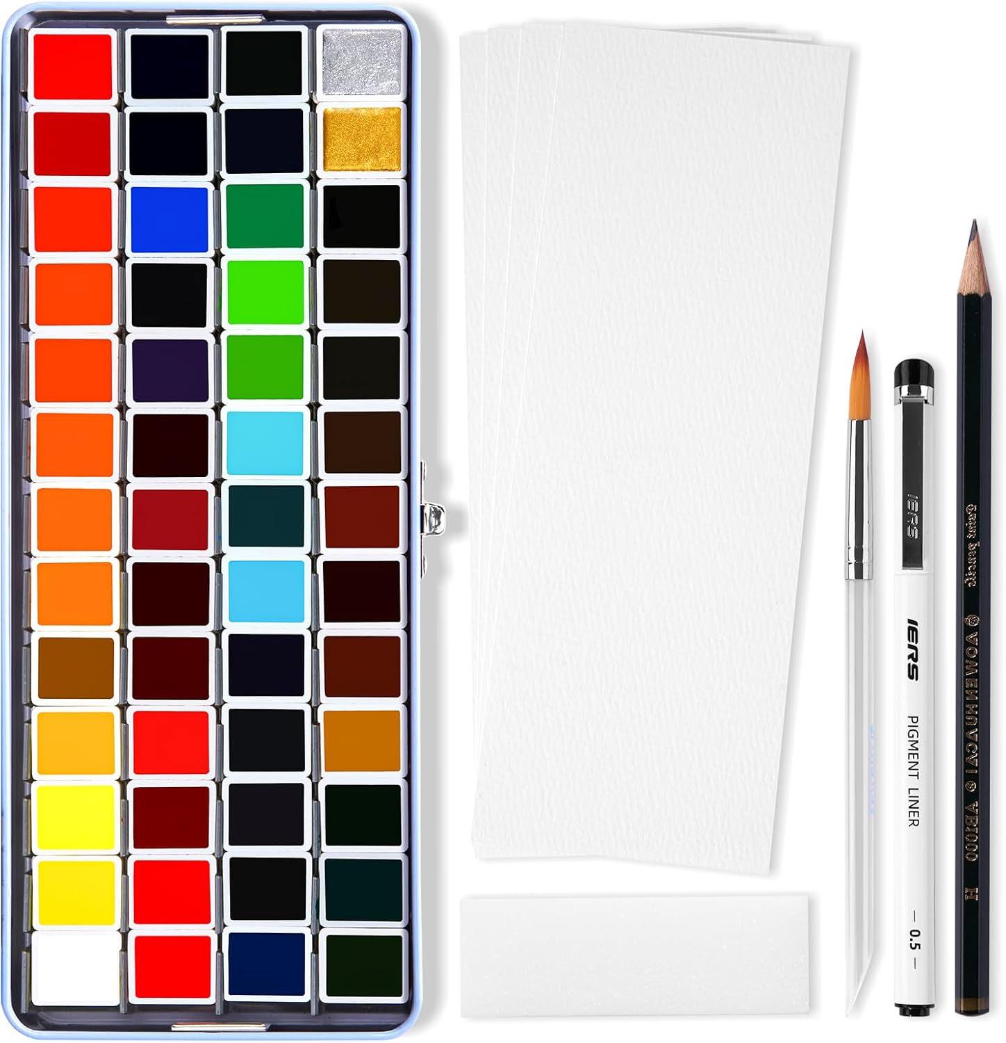 Meiliang Watercolor Paint Set 52 Colors in Half Pans with Drawing Pencil, Paint Brushes, 5 Watercolor Paper, Sponge, Black Drawing Pens, Art Supplies for Adults Travel Watercolor & Blue Box image number 2