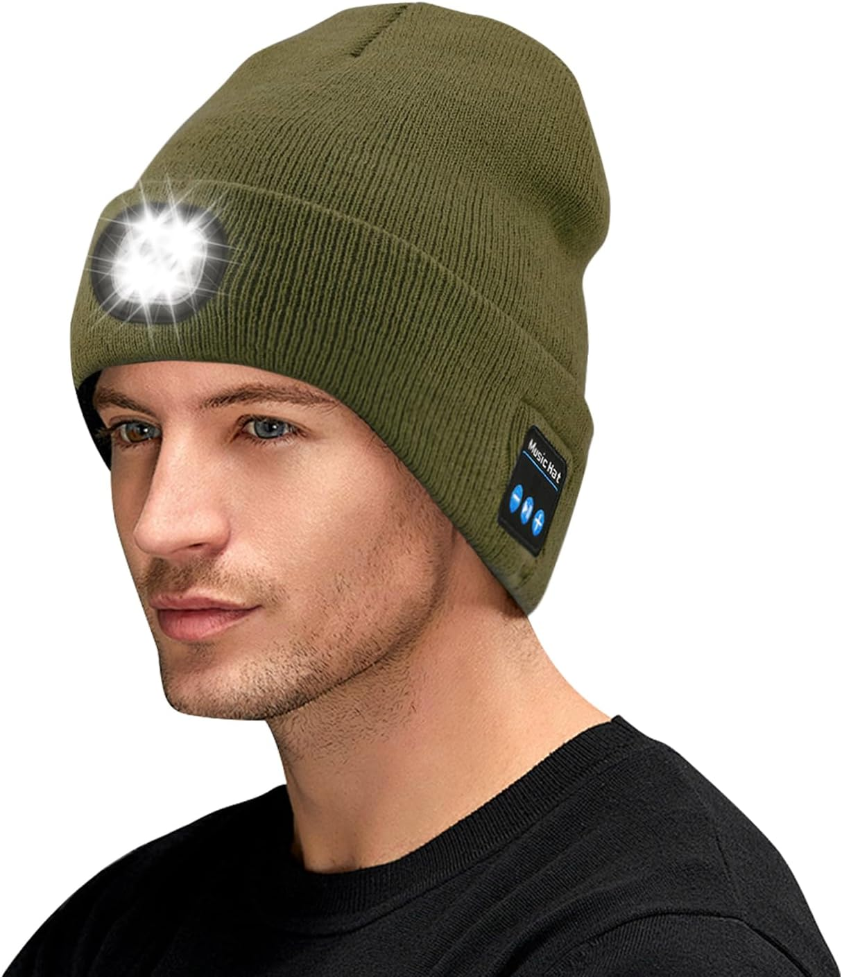 Sonicefit Bluetooth Beanie Music Hat with Light, Rechargeable LED Headlamp Knit Cap with Built-In Wireless Headphones & Mic, Unisex Winter Warm Hat