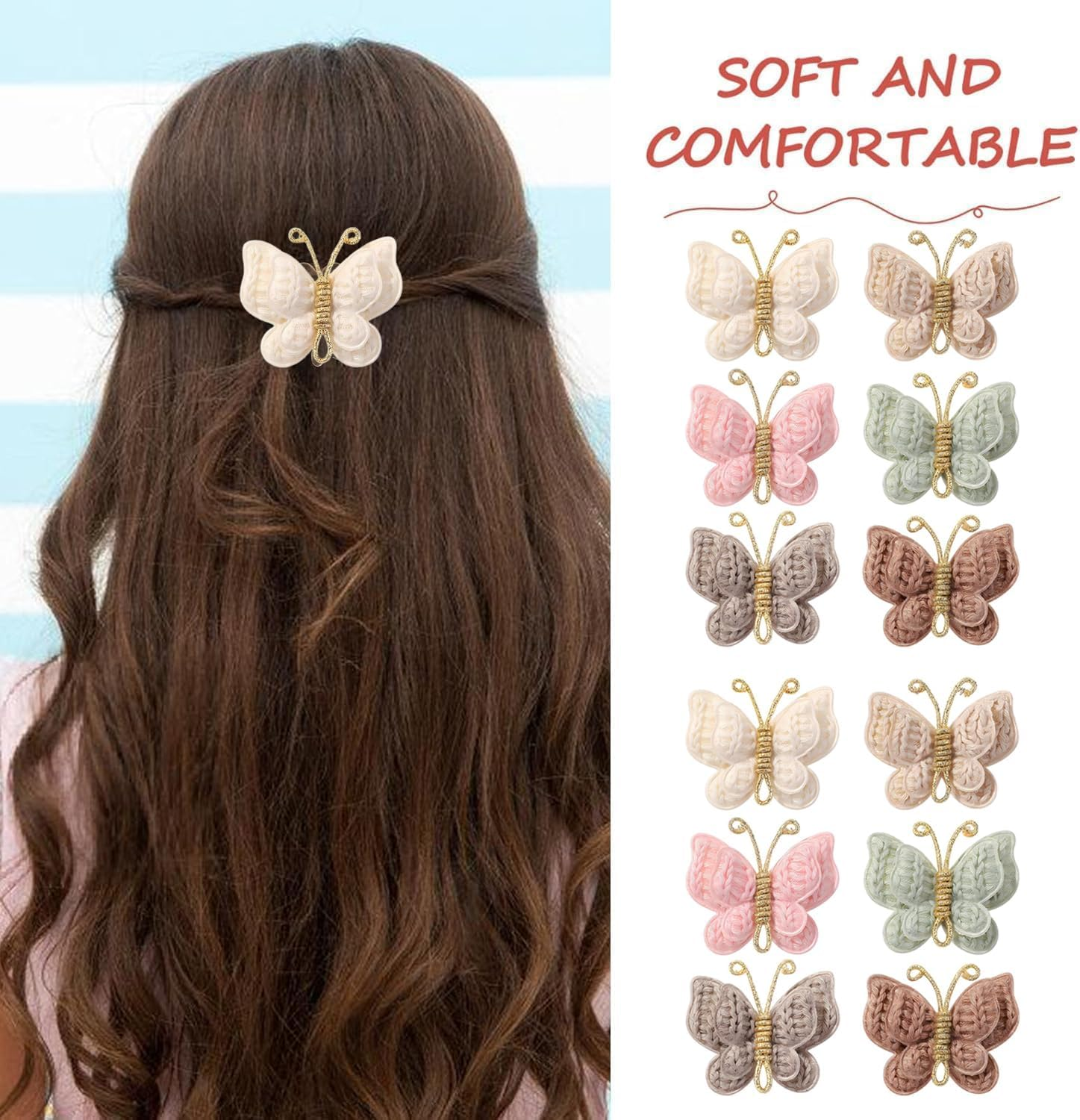 Xinghonyac 12 Pcs Butterfly Hair Clips, Soft Wool Barrettes for Girls, Handmade Butterfly Flower Hair Accessories for Thin & Thick Hair, Bow-Adorned Barrettes