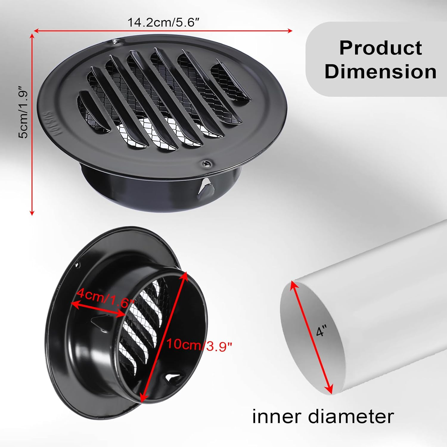 4 PCS 304 Stainless Steel round Air Vent Covers with Insect Mesh(Black, 100 Mm) image number 5