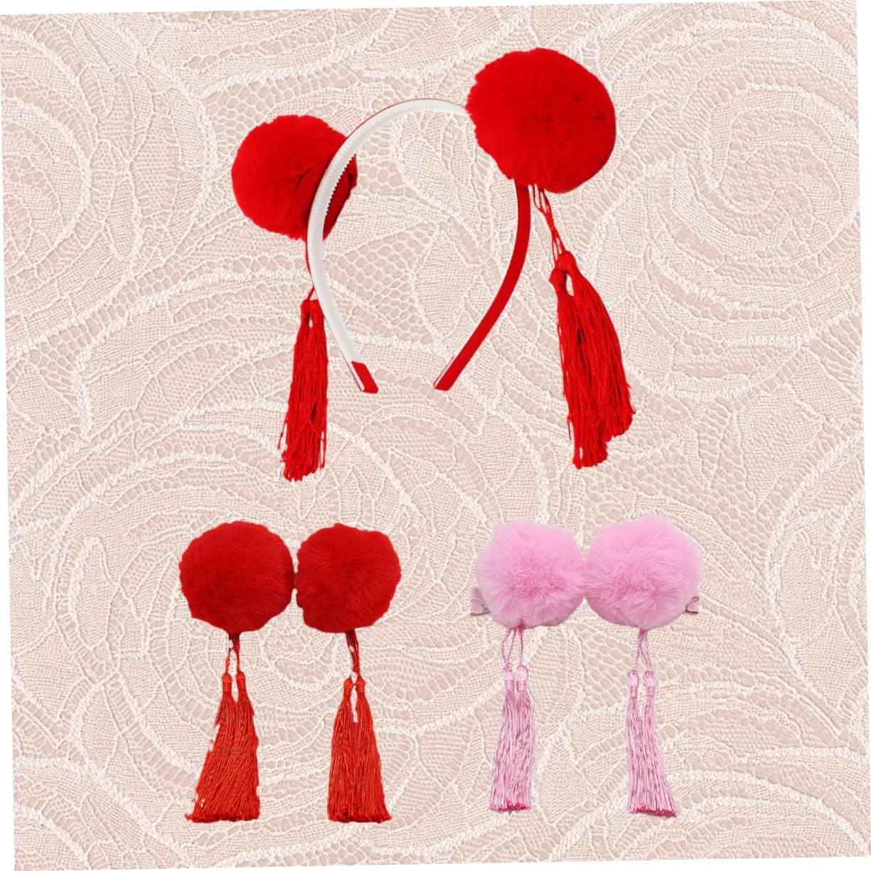 Beavorty Tassel Headband Hair Clips Hair Accessories 3Pcs Chinese Style Festive Spring Festival New Year Set for Children Photo Props Headwear image number 4