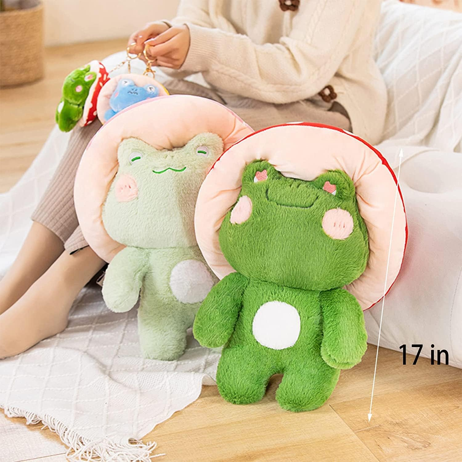 Frog Plush Cute Frog Mushroom Hat Stuffed Animals Kawaii Plush Toys Throw Pillow Home Room Decor Aesthetic Gift(Light Green Frog Red Hat), 17 Inch image number 2