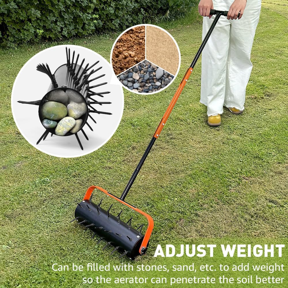 Rolling Lawn Aerator, Heavy Duty Manual Aerator Tool with Spikes, Lawn Spike Aerator Roller with Handle,Filled Sand Stone Soil Lawn Aeration for Maintaining Garden Yard Soil