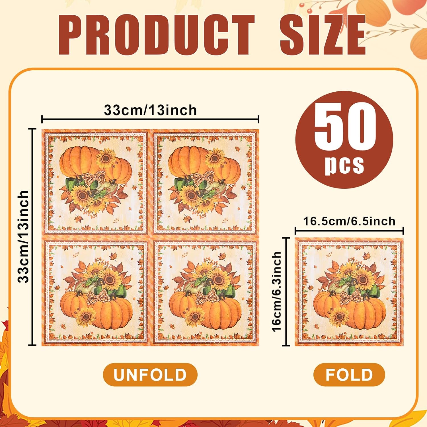 50 Count Thanksgiving Napkins &ndash; Fall Pumpkin and Sunflower Disposable Paper Napkins for Harvest Table Decor, Autumn Dinner Parties, and Seasonal Entertaining image number 2