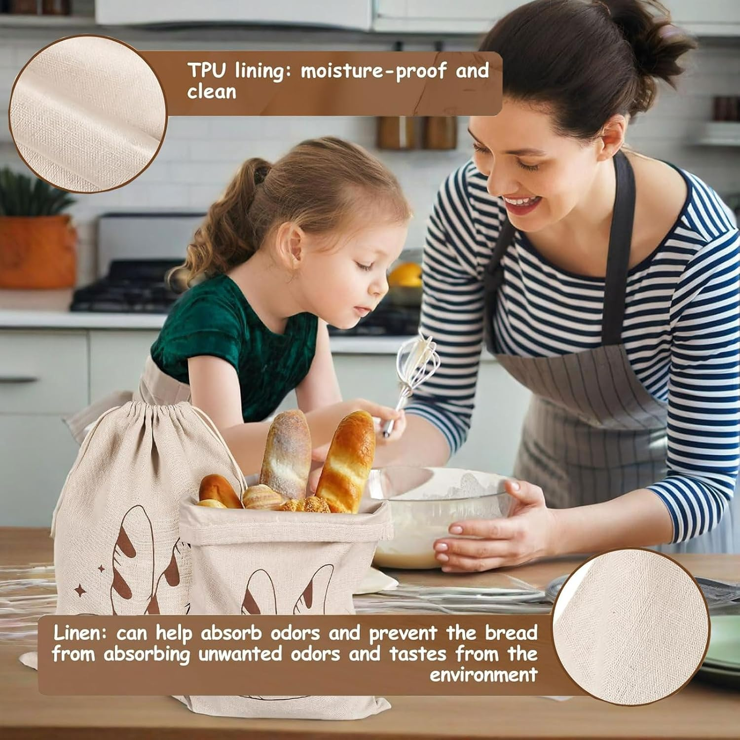 MYTOAU 3 Pcs Linen Bread Bags,Unbleached Bread Bags for Homemade Bread Container,Food Storage Bags,15.7&times;11.8Inches Reusable Bread Storage Bags, Natural Large Storage for Artisan Bread image number 1