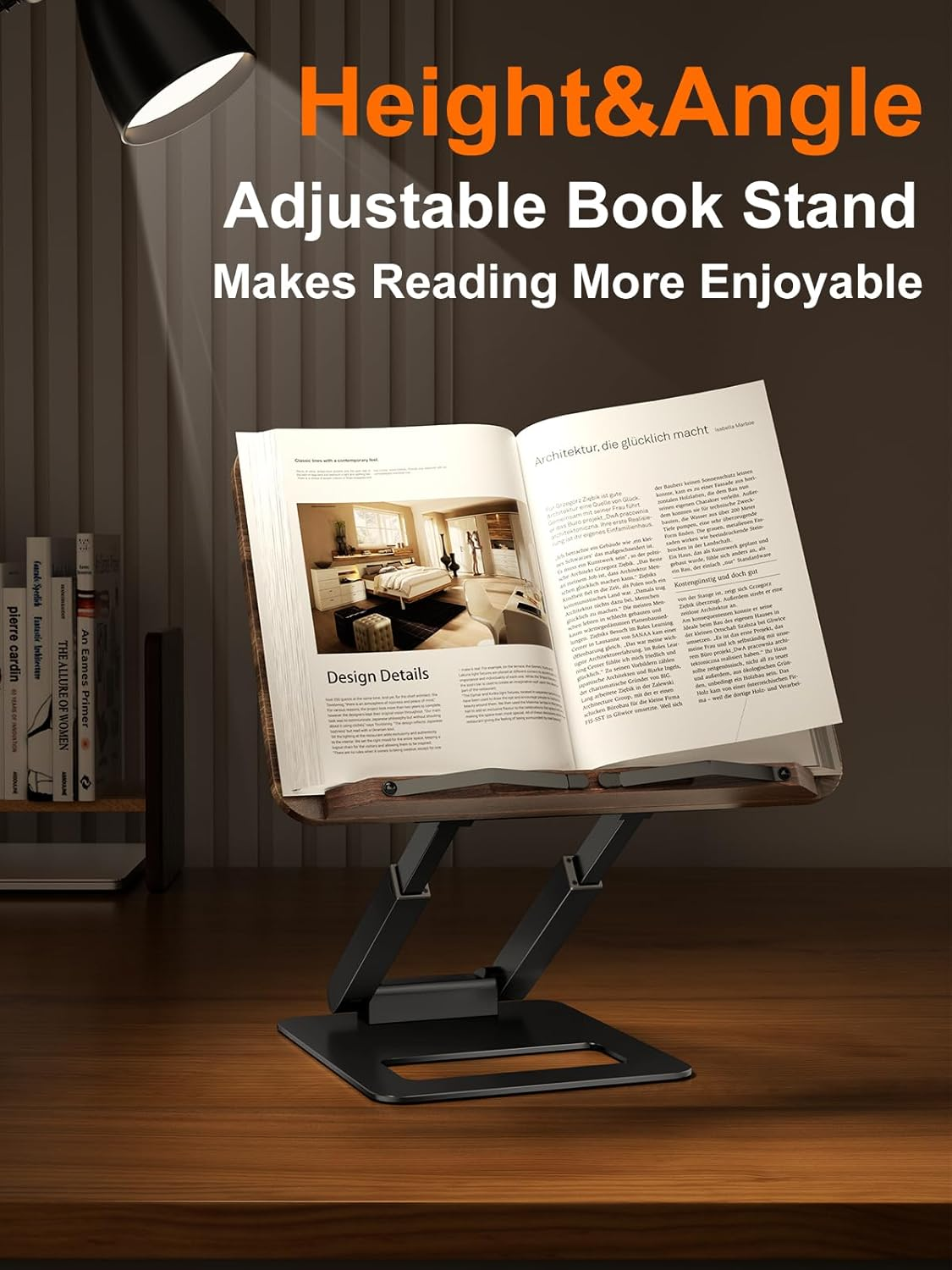 Tounee Book Stand, Telescopic Book Holder Stand, Adjustable Height Pull Out Design Ergonomic Cookbook Stand with Elastic Page Clips Fits All Books (Black) - Silver image number 3