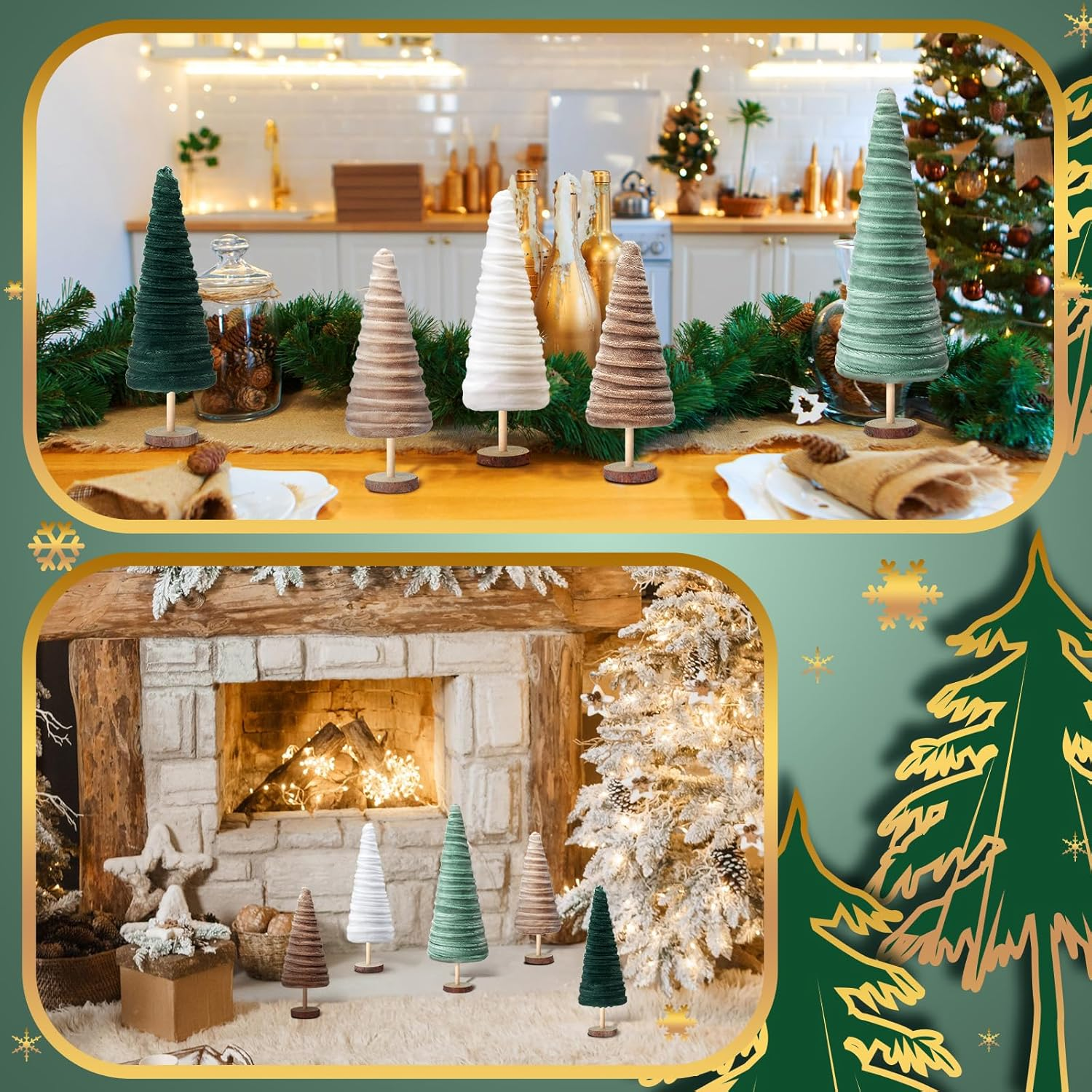 Kigley 5 Pcs Christmas Velvet Trees Set Neutral Christmas Decoration Boho Christmas Cone Trees Flocked Tabletop Centerpieces Farmhouse Home Decorations for Kitchen Xmas Party Mantel Tiered Tray Gift