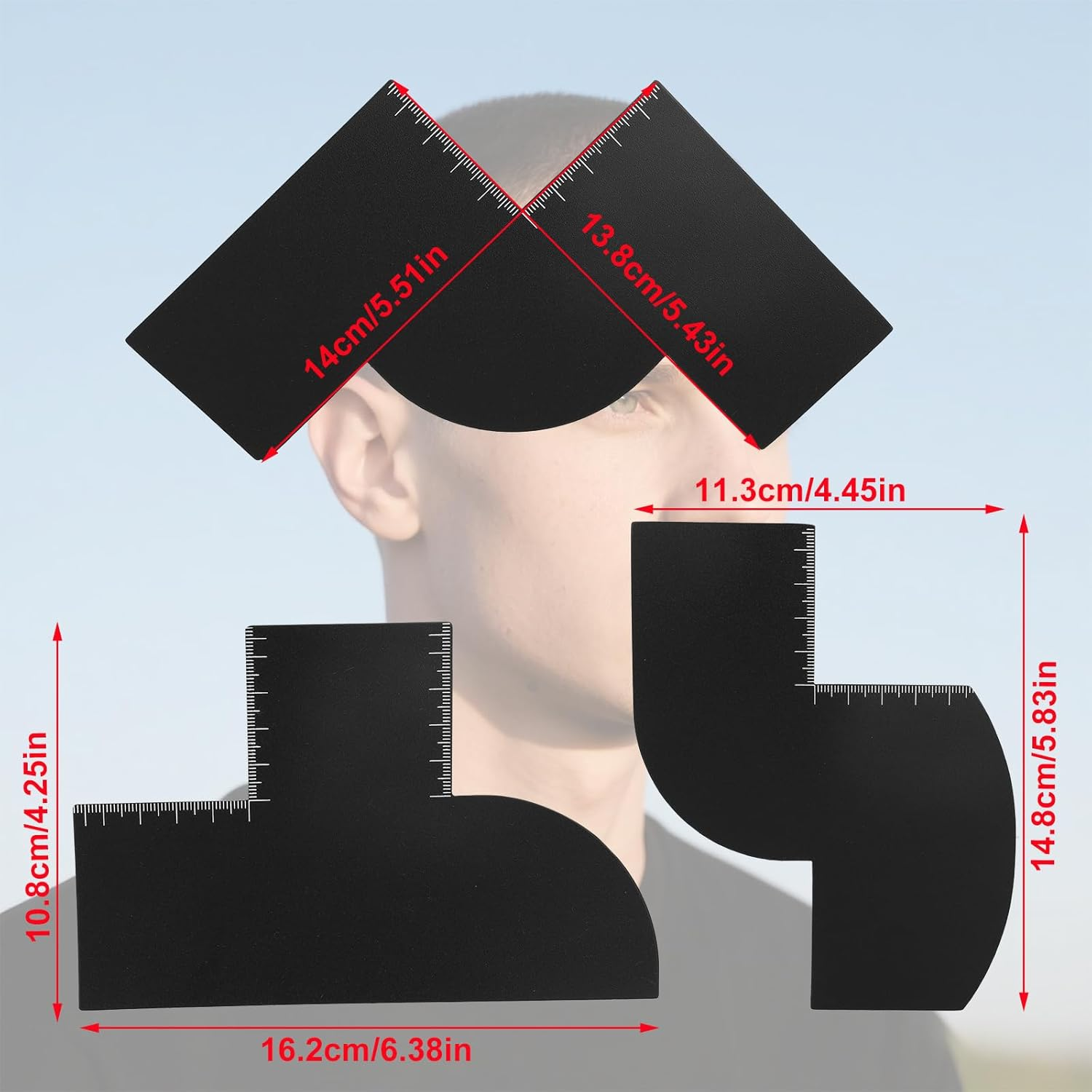 Lasuroa 3Pcs Barber Enhancement Cards with Measurement Indicators, 3 Shapes Hairline Shaping Tool Black Beard Guide Template Reusable Color Spray Edge Hair Line up Tools for Men Barber Accessories image number 4