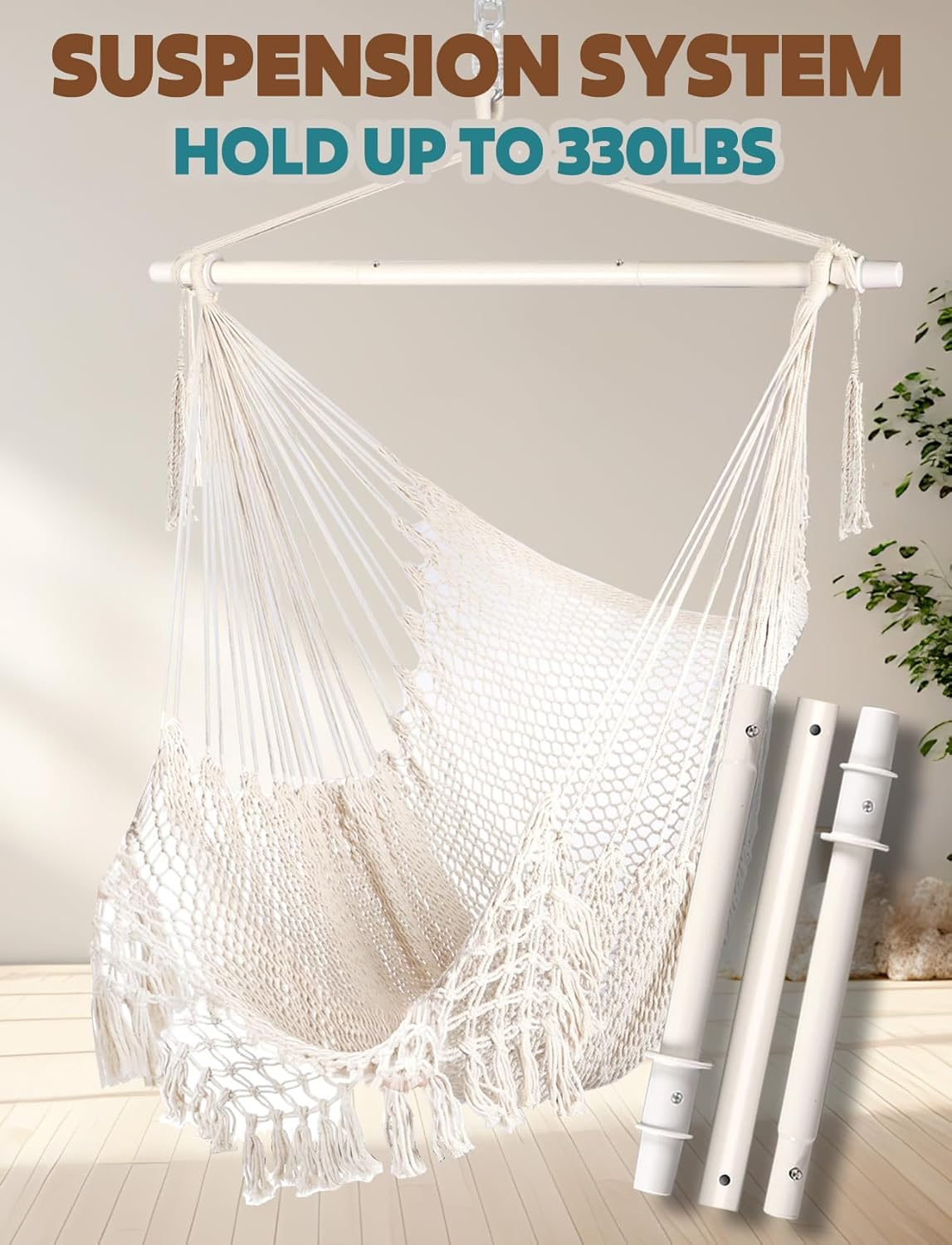 Chihee Hanging Chair Large Hammock Chair Soft Spun Cotton Rope Weave Chair Strong Metal Spreader Bar Wide Seat Lace Swing Chair Indoor Outdoor Garden Yard Theme Decoration image number 3