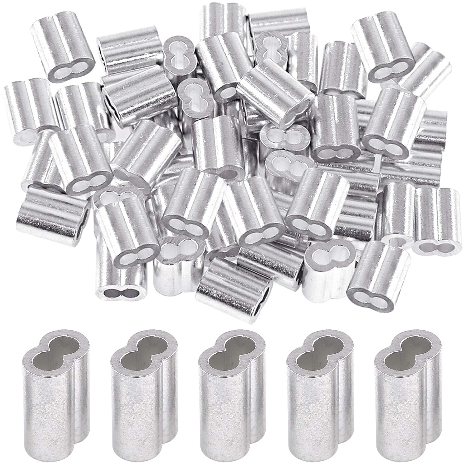 Glarks 50Pcs 3/16''(5Mm) Aluminum Crimping Loop Sleeve Wire Rope Sleeves Double Barrel Ferrule for Wire Rope and Cable Line End (3/16''-50Pcs) image number 4