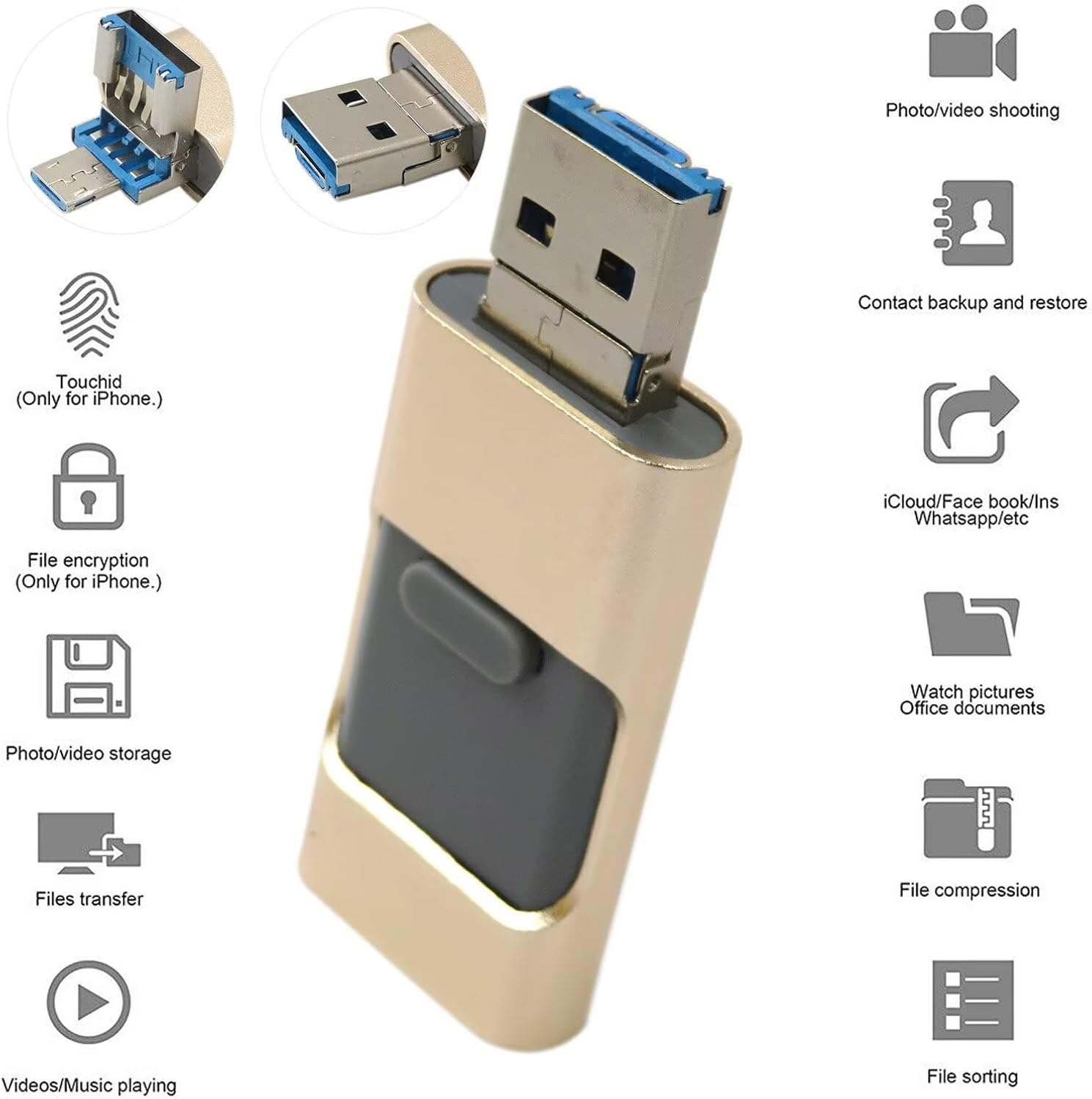 Weistiy 64GB USB 3.0 Flash Drive Thumb U Disk Storage Memory Stick for Iphone/Ipad/Pc/Android Smart Phone Photo Stick (Gold)