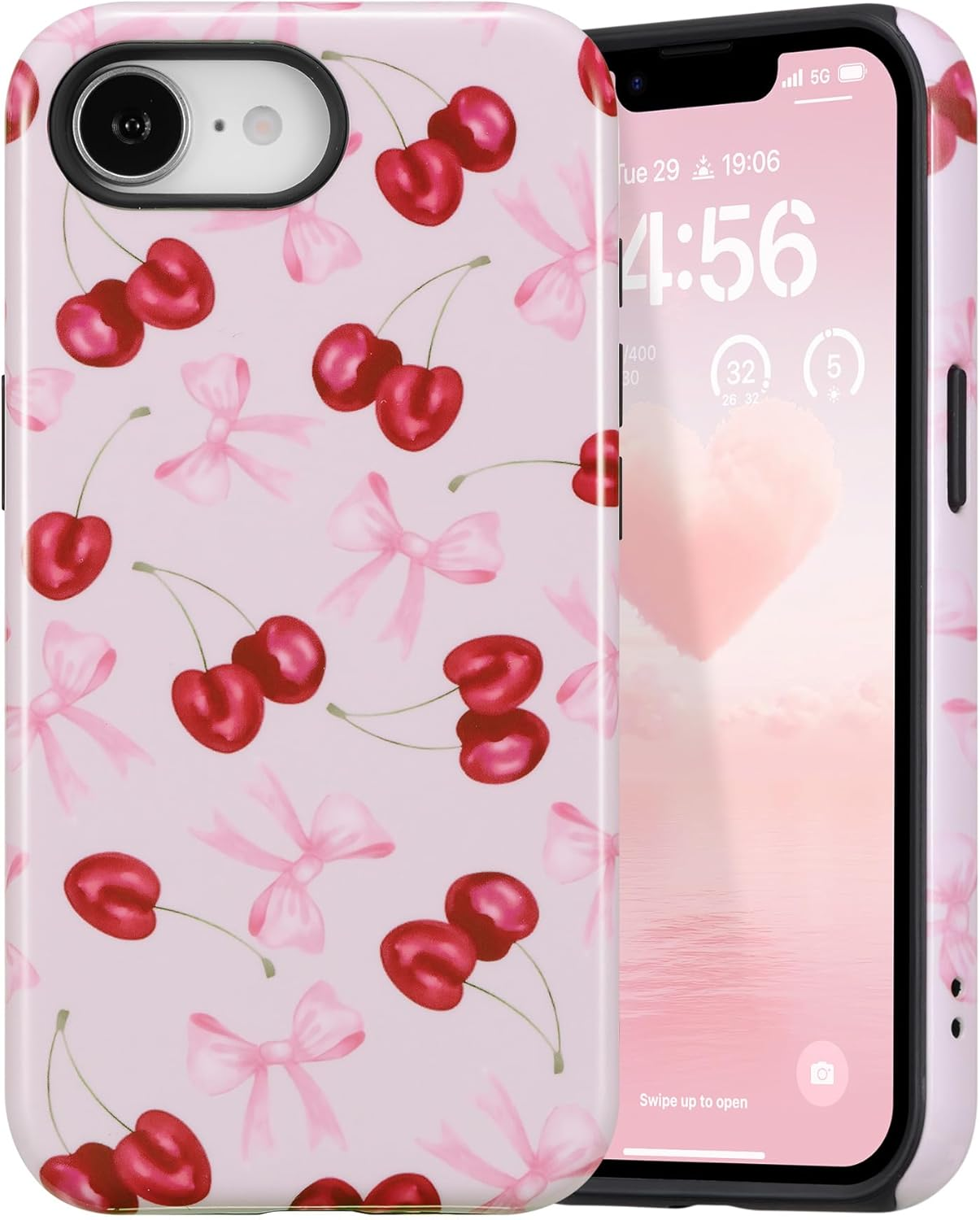 DEFBSC Case for Iphone 16 Pro Max, Cute Pink Bow Cherry Print Aesthetic Trendy Pattern for Women Girls Slim Durable Bumper Shockproof Hybrid Hard Back Phone Cover, Big Ribbon/Glossy image number 3