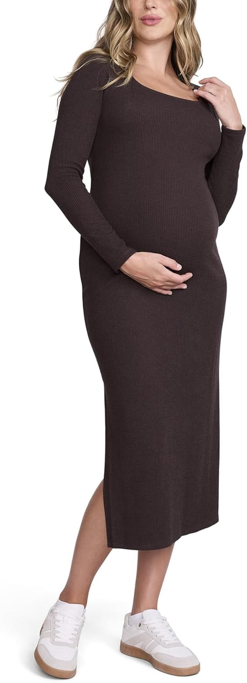 Motherhood Maternity Women'S Long Sleeve Ribbed Square Neck Bodycon Casual Pregnancy Dress