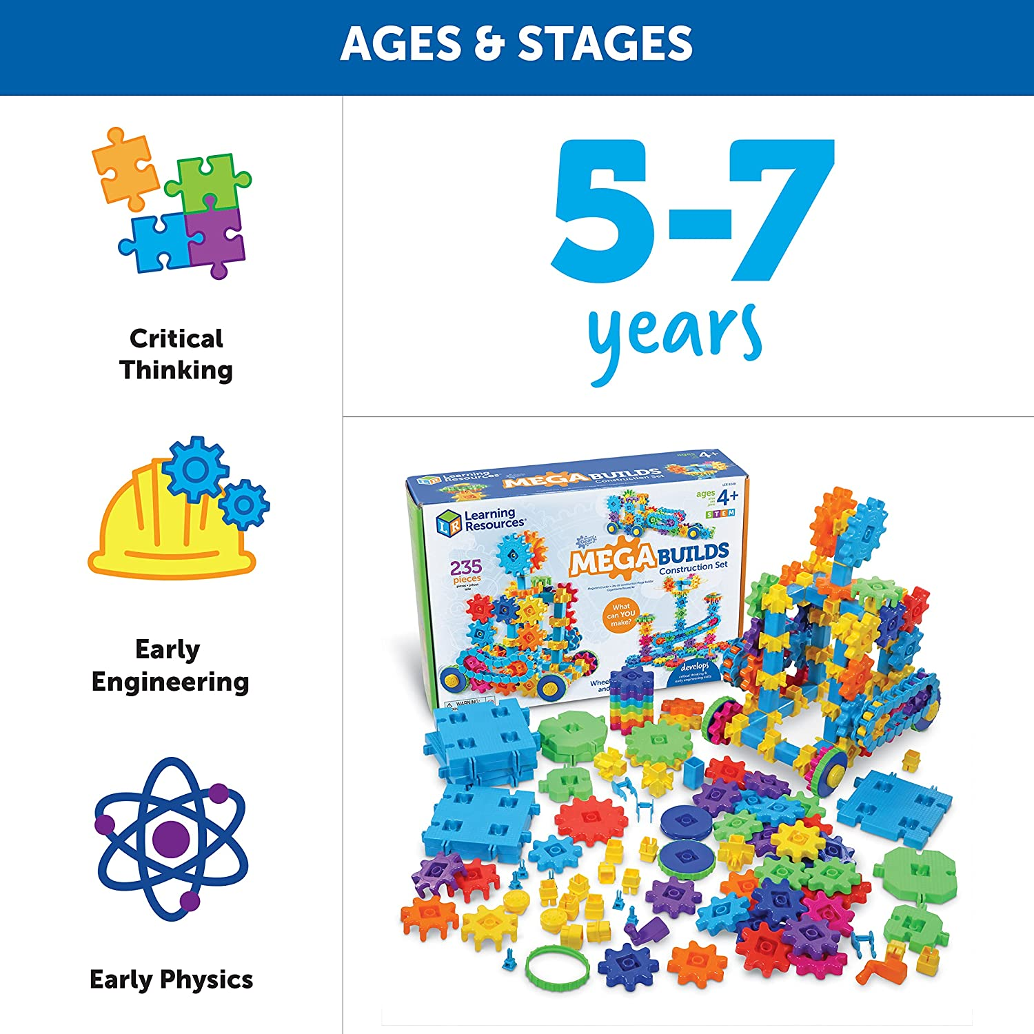 Learning Resources Gears! Gears! Gears! Mega Builds, STEM Building Set, Gears Toys for Kids, 235 Piece, Ages 4+, STEM Toys image number 6