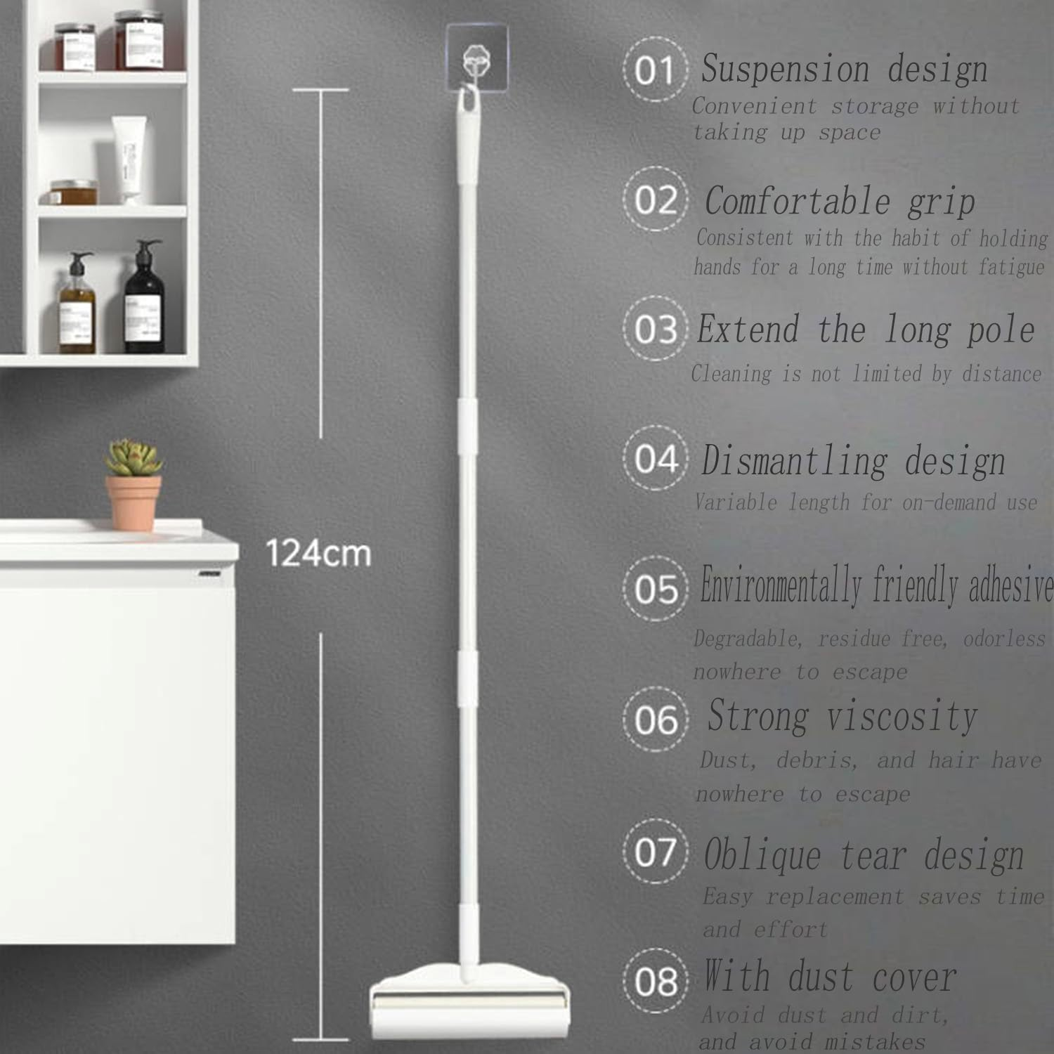 Long Handle Hair Removal Roller Brush, Sticky Large Lint Roller for Pet Hair Remover, Extendable Handle Sticky Mop, Extra Sticky Replacement for Floor Carpets, Sofa, Cars, Curtains, Clothes image number 6