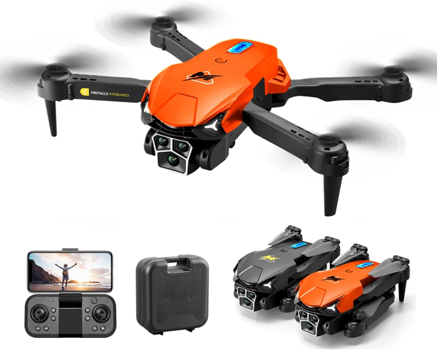 Obstacle Avoidance Optical Flow Location Wifi FPV with 3 HD Camera Altitude Hold Mode Foldable RC Drone Quadcopter with Carry Case & 3 Batteries (Black)