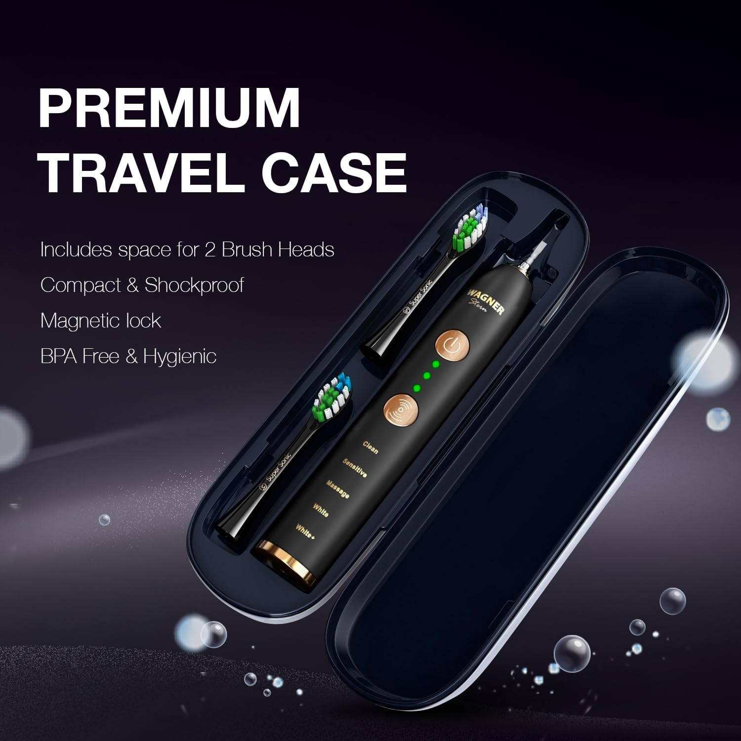 Wagner Stern WHITEN+ Edition. Whitening Electric Toothbrush with Pressure Sensor. Offers 5 Brushing Modes, 3 Intensities, 8 Soft Brush Heads, and a Luxury Travel Case. image number 2