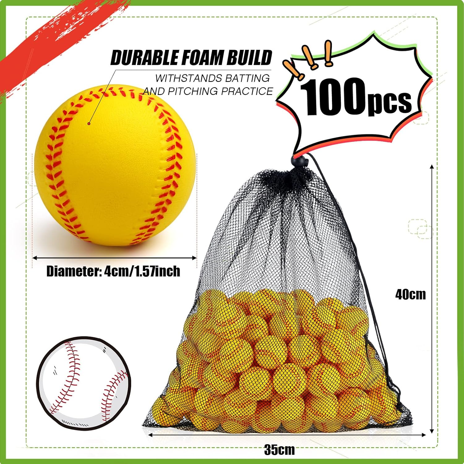 Wettarn 100 Pcs Mini Training Foam Baseballs Soft Baseballs with Storage Bag Practice Baseballs for Hitting Pitching Machines Batting Accuracy Indoor Outdoor Sports Kids Teenager Players Play - Yellow image number 3