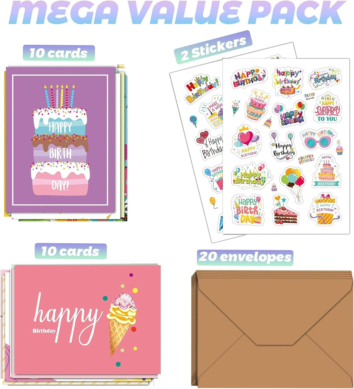 20PCS Happy Birthday Cards Assortment, 7.5 * 10CM Blank Cards with Envelopes and Stickers, Unique Happy Birthday Greeting Cards for Family, Kids, Friends and Office image number 3