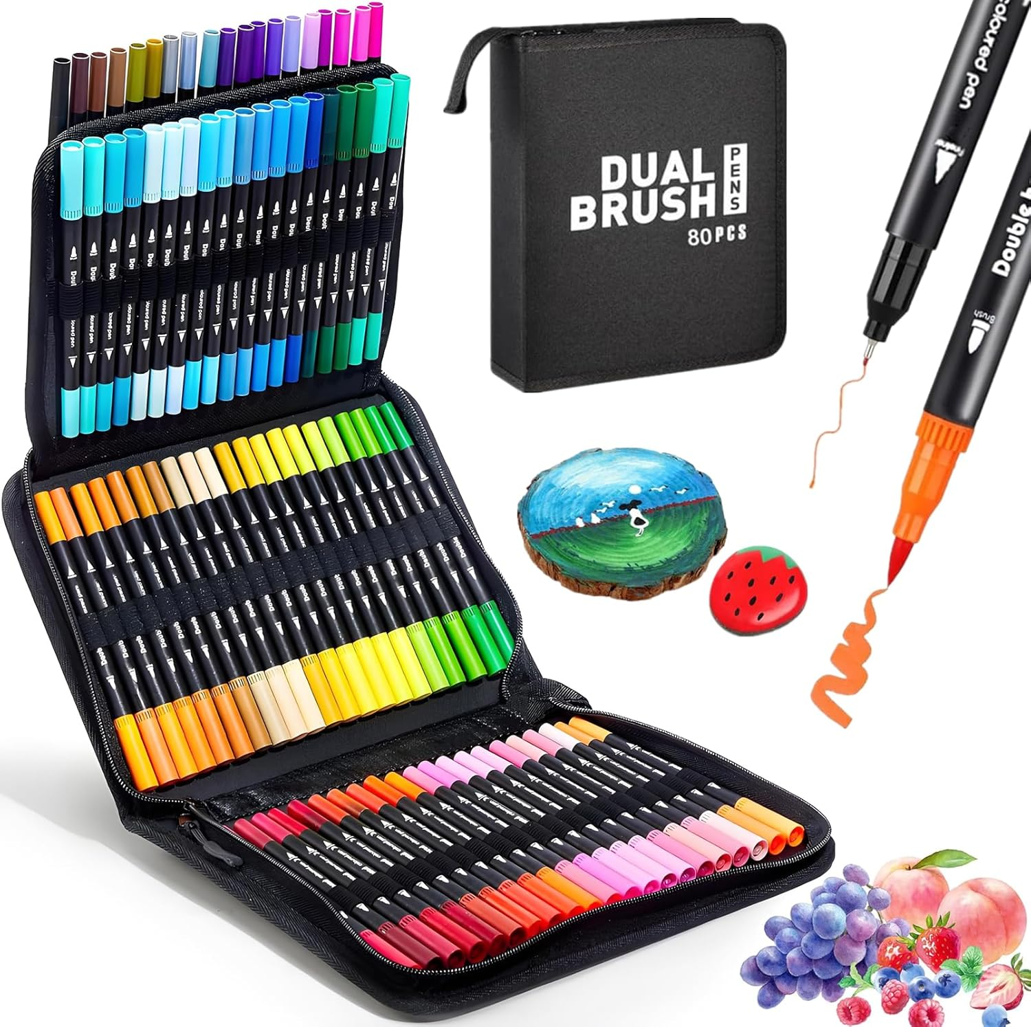 80 Colors Dual Brush Marker Pens for Kids Adult,Art Markers Set W/Fine&Brush Tips,Watercolour Pen with Case, Drawing Pens Water-Based Coloring Markers for Calligraphy,Sketching and Doodling image number 1