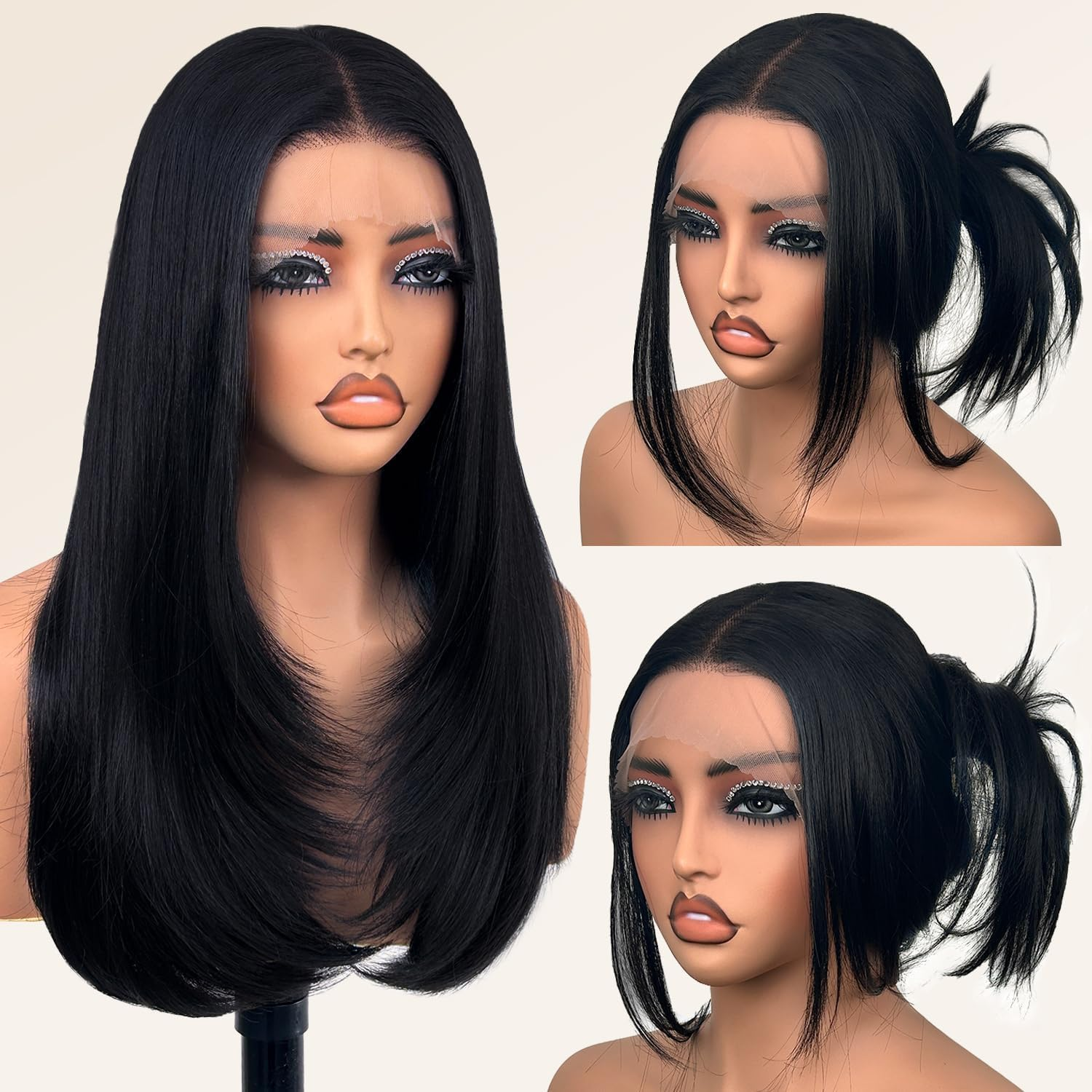 Glueless Synthetic Lace Front Wig 26 Inches Long Straight Black Wigs for Women 13X5X1 HD Lace Hand Tied Pre Plucked Hairline image number 3
