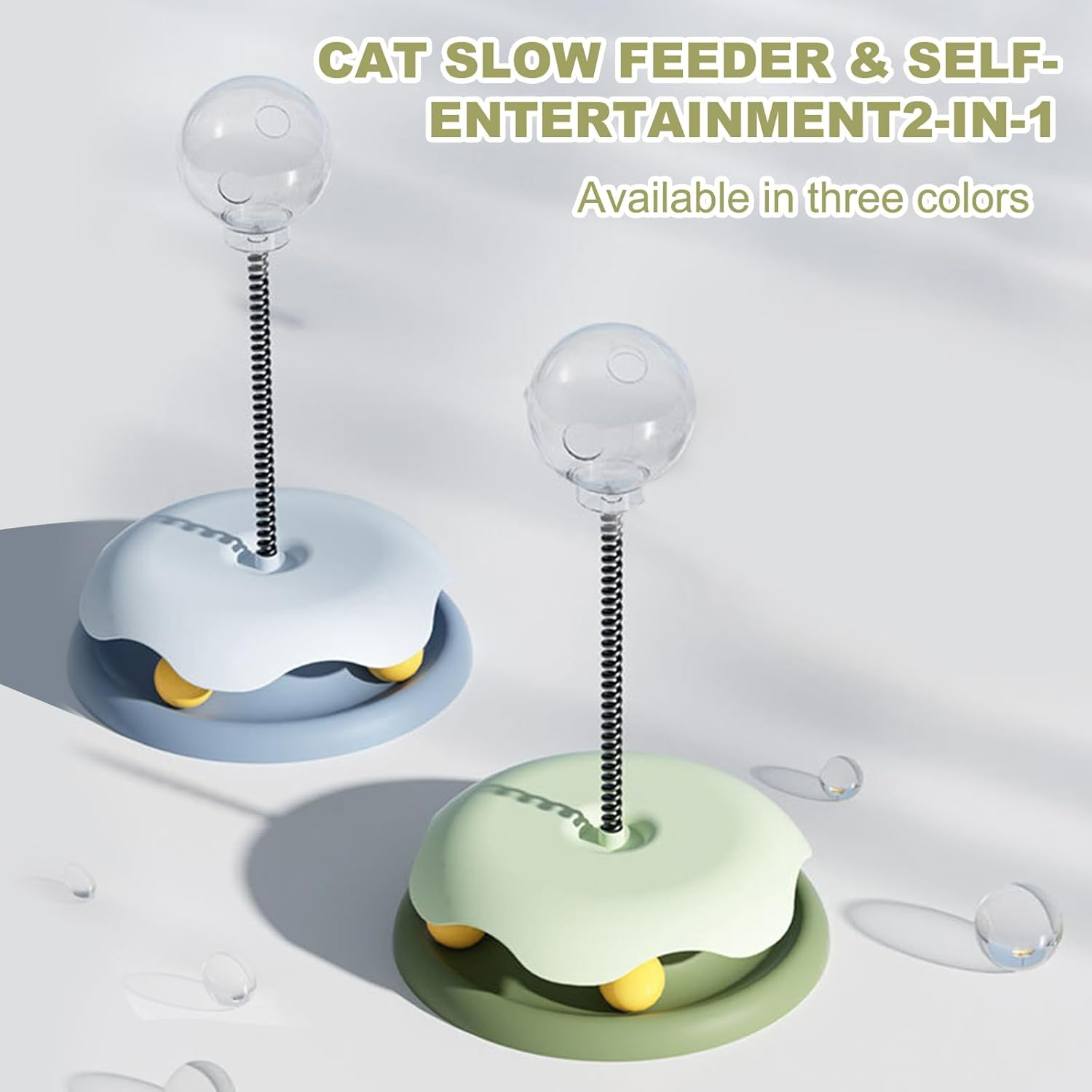 KECUSIN Cat Turntable Toy &ndash; Cat Interactive Slow Feeder Toy, Rotating Turntable with 2 Rolling Balls & Bouncy Steel Spring for Engaging Play and Healthy Eating. (Blue)