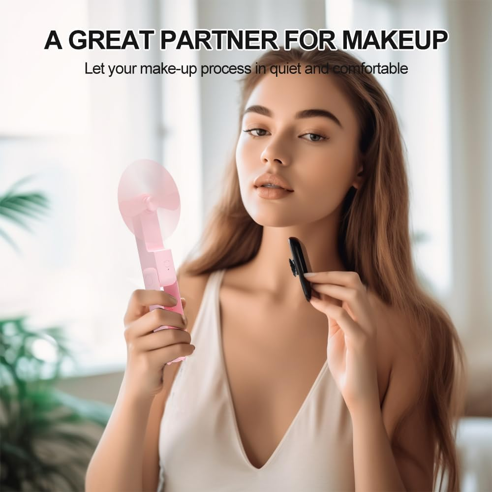 Portable Handheld Fan, Foldable Small Fan, Mini Hand Held Fan with USB Rechargeable, Personal Fan for Girls Women Fan for Home, Office, Indoor, Outdoor, Travelling (Pink) image number 4