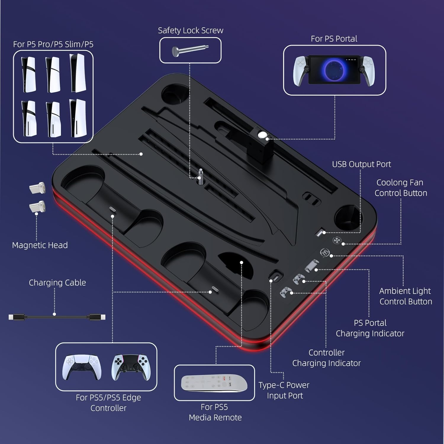 EJGAME PS5 Pro/Slim/Ps5 Stand and Cooling Station with RGB Lighting Controller Charging Station for Playstation 5 Console, PS Portal Charging Dock, P5 Pro Accessories with 3 Level Cooling Fan (Black)