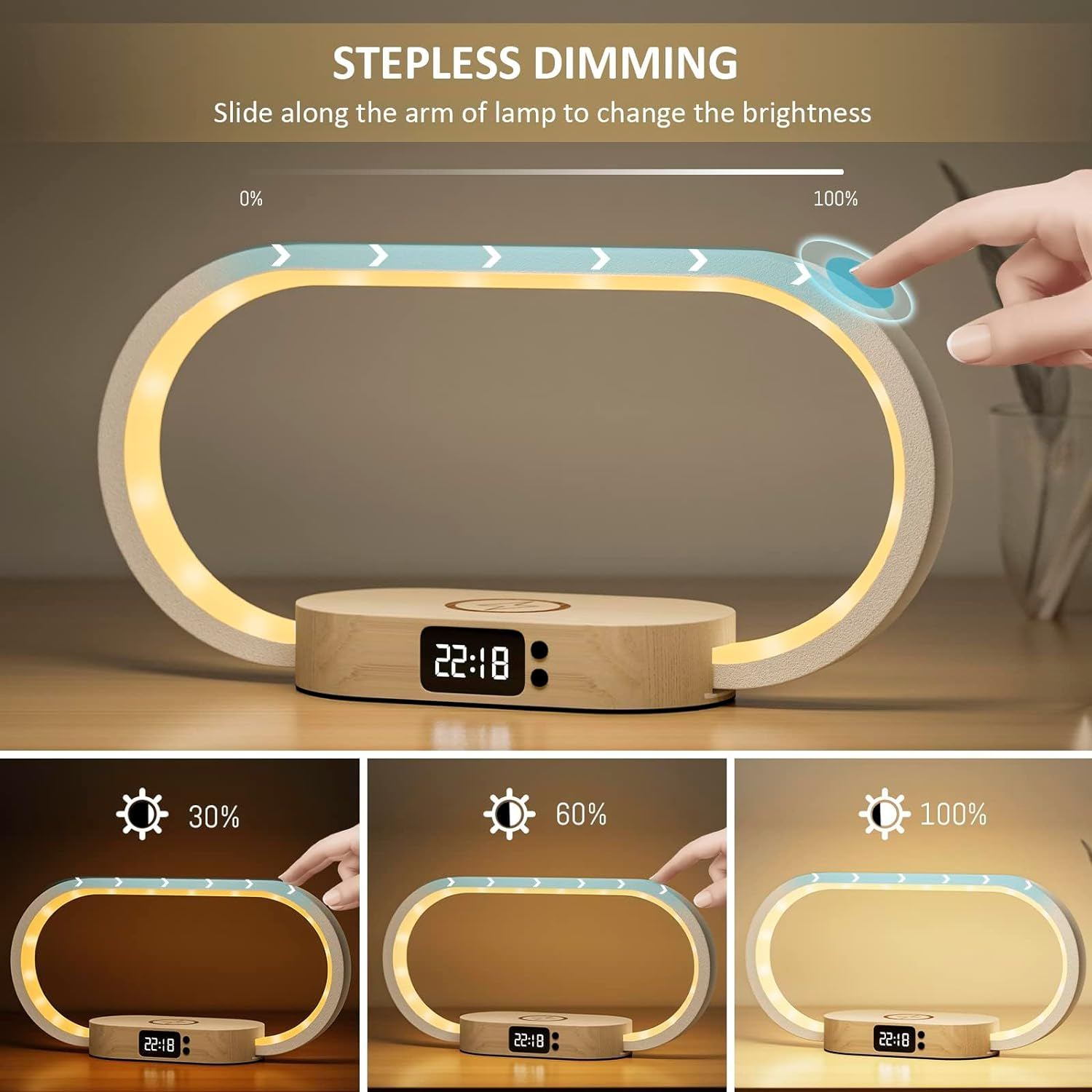 Anyuainiya Bedside Table Lamp with Wireless Charger, Touch Control LED Night Light with Clock & USB Charging Port, 5 Color Modes Dimmable Table Lamp Wooden Small Modern Nightstand Lamp Desk Lamp Gift image number 2