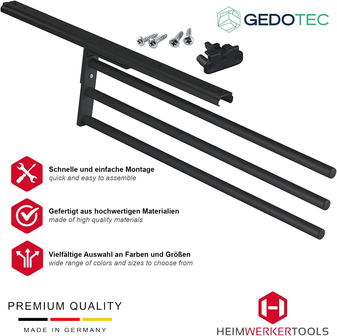 Gedotec H6008 Hand Towel Rail 3-Arm Extendible Tea Towel Holder Length 465 Mm in Black Bathroom and Kitchen Cupboard Towel Rail Swivelling 90&deg; Made in Germany image number 6