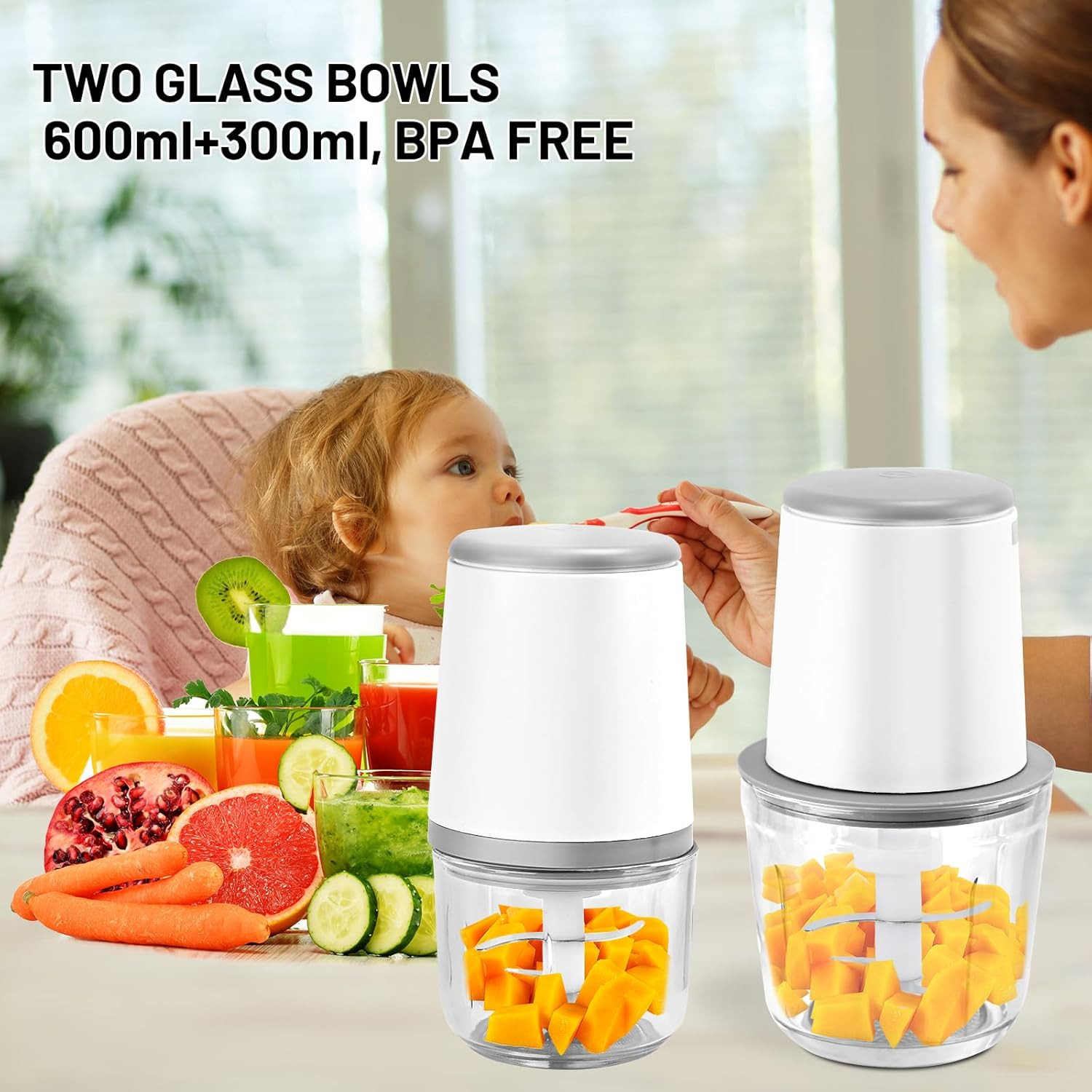 Congeowe Rechargeable Mini Food Processor, 2-In-1 Electric Chopper with 2 Glass Bowls (600ML+300ML), Cordless Vegetable Chopper for Onion, Garlic & Baby Food Maker image number 3